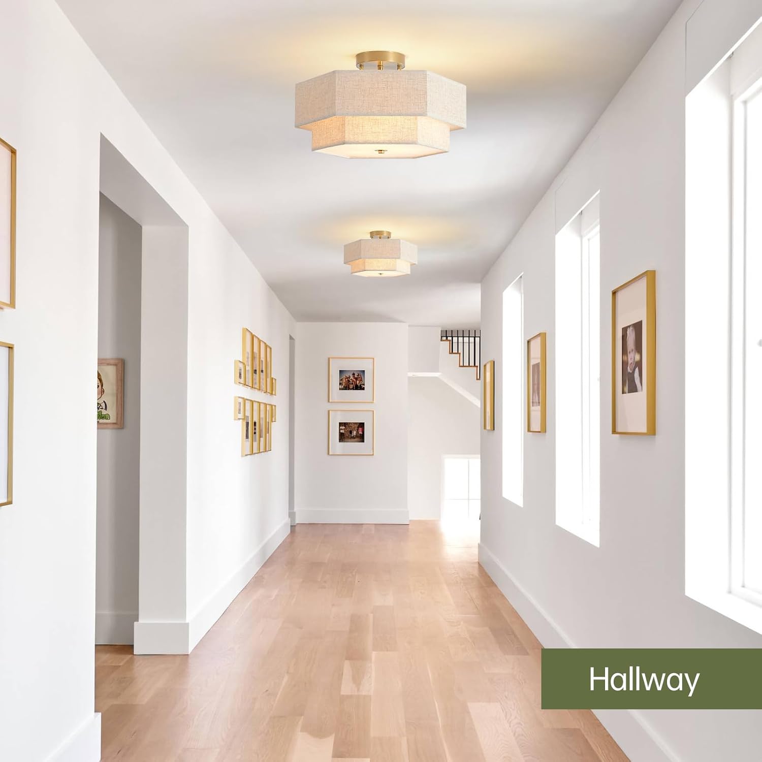 Geometric Linen Semi-Flush Ceiling Light – Adjustable Height Modern Drum Fixture with Gold Finish