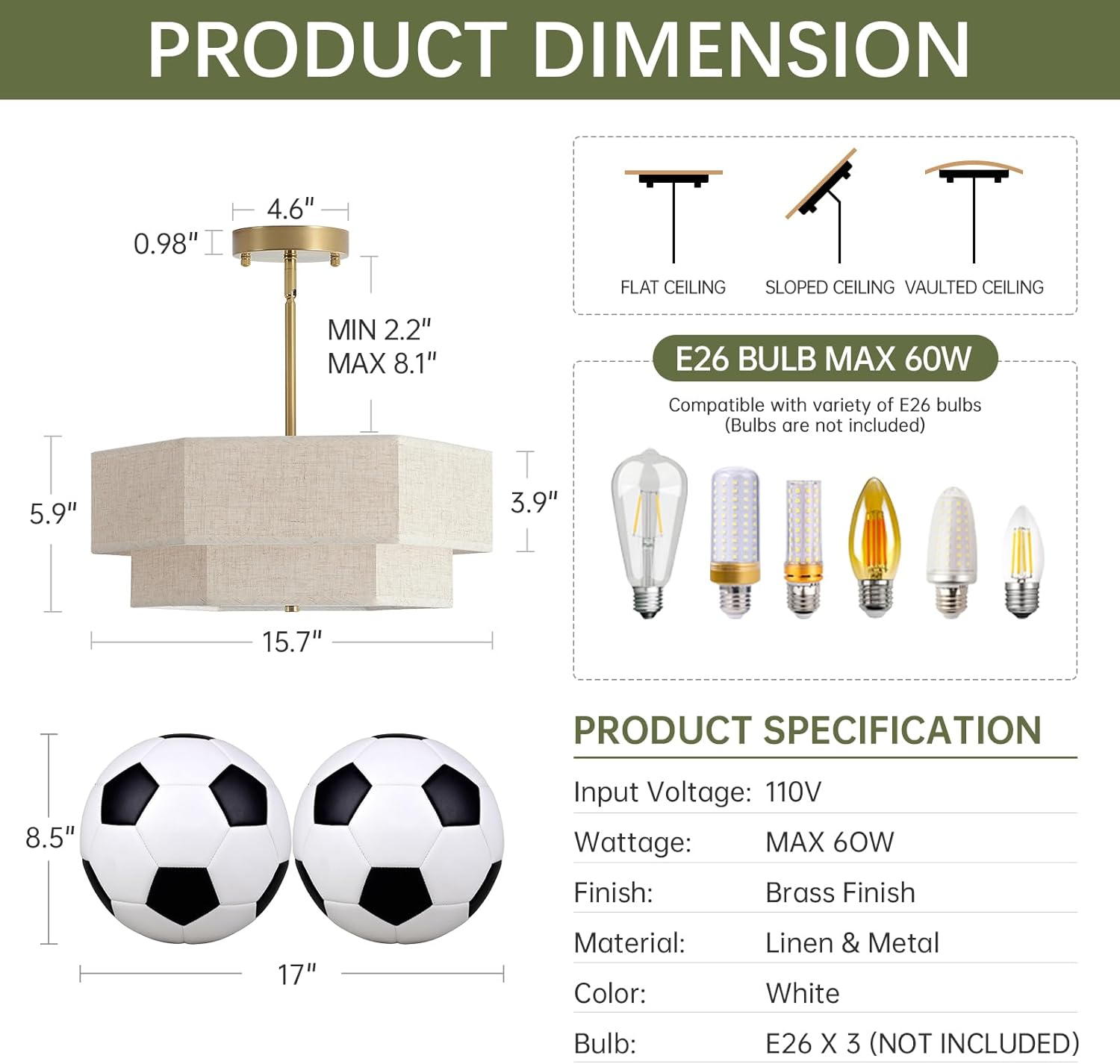 Geometric Linen Semi-Flush Ceiling Light – Adjustable Height Modern Drum Fixture with Gold Finish