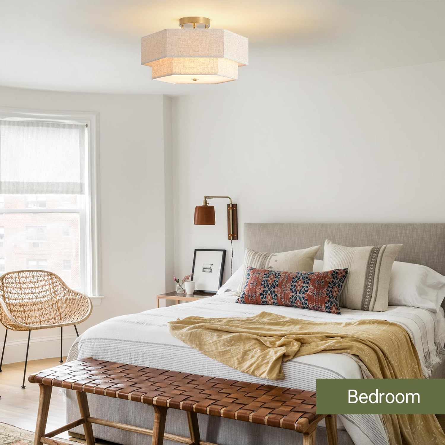 Geometric Linen Semi-Flush Ceiling Light – Adjustable Height Modern Drum Fixture with Gold Finish