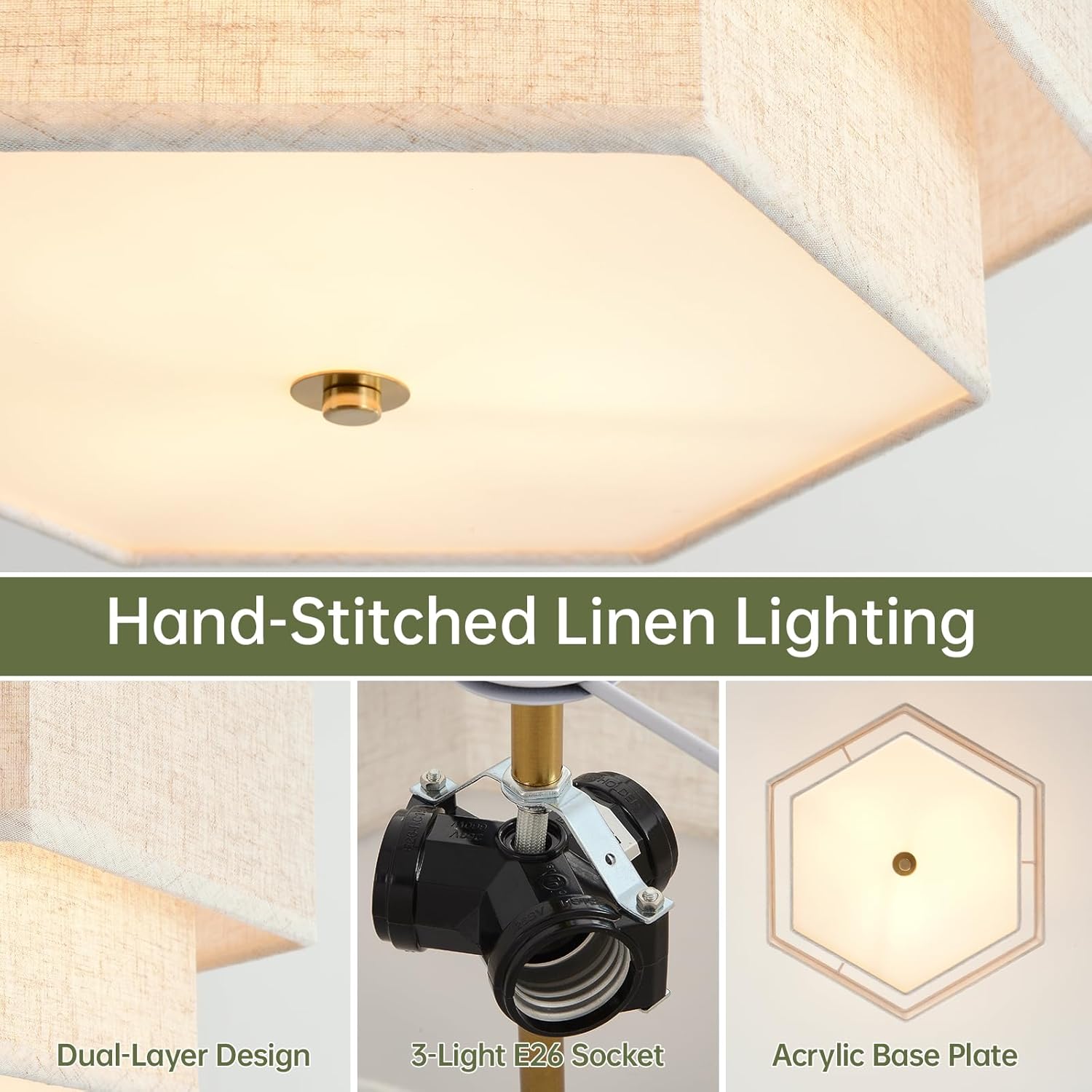 Geometric Linen Semi-Flush Ceiling Light – Adjustable Height Modern Drum Fixture with Gold Finish