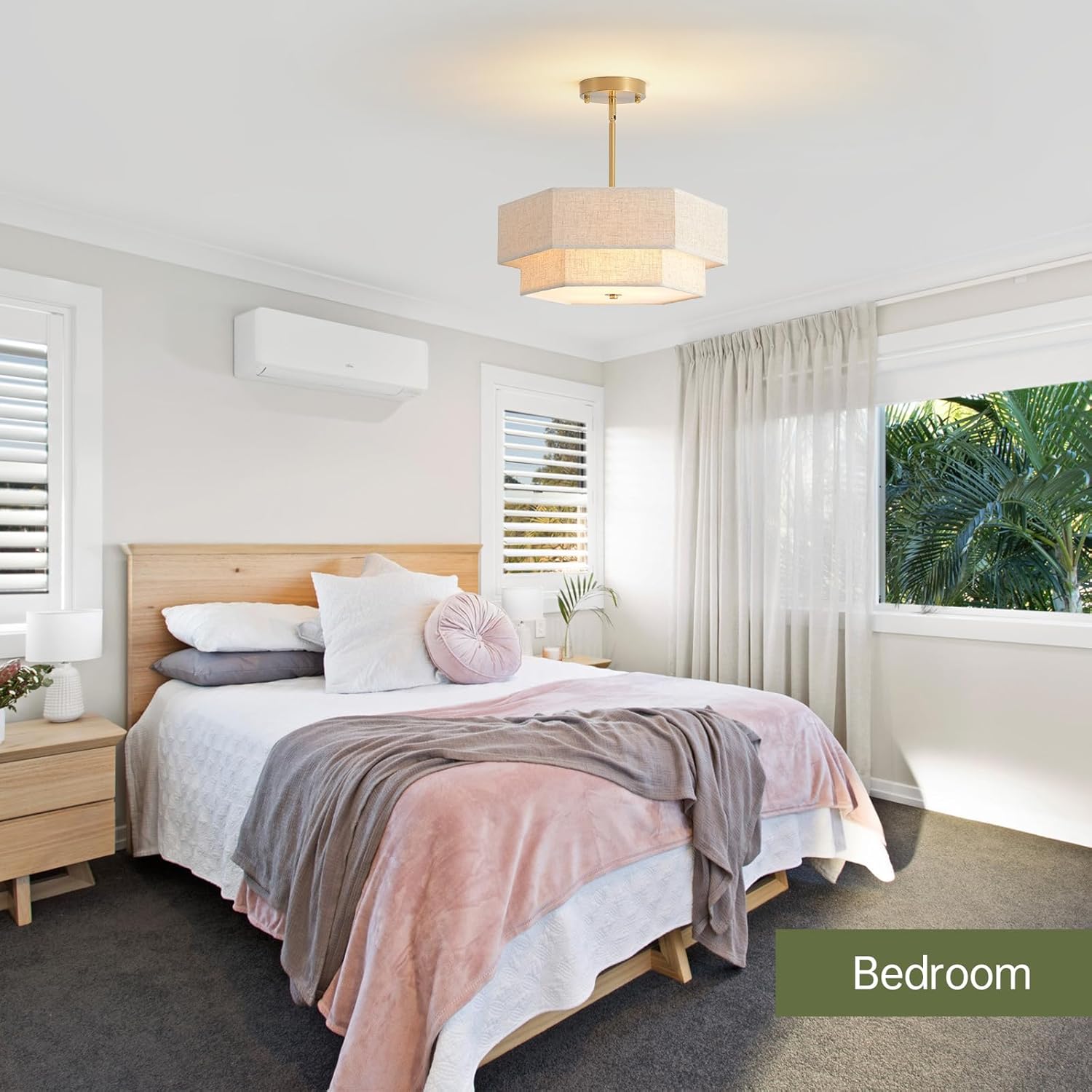 Geometric Linen Semi-Flush Ceiling Light – Adjustable Height Modern Drum Fixture with Gold Finish