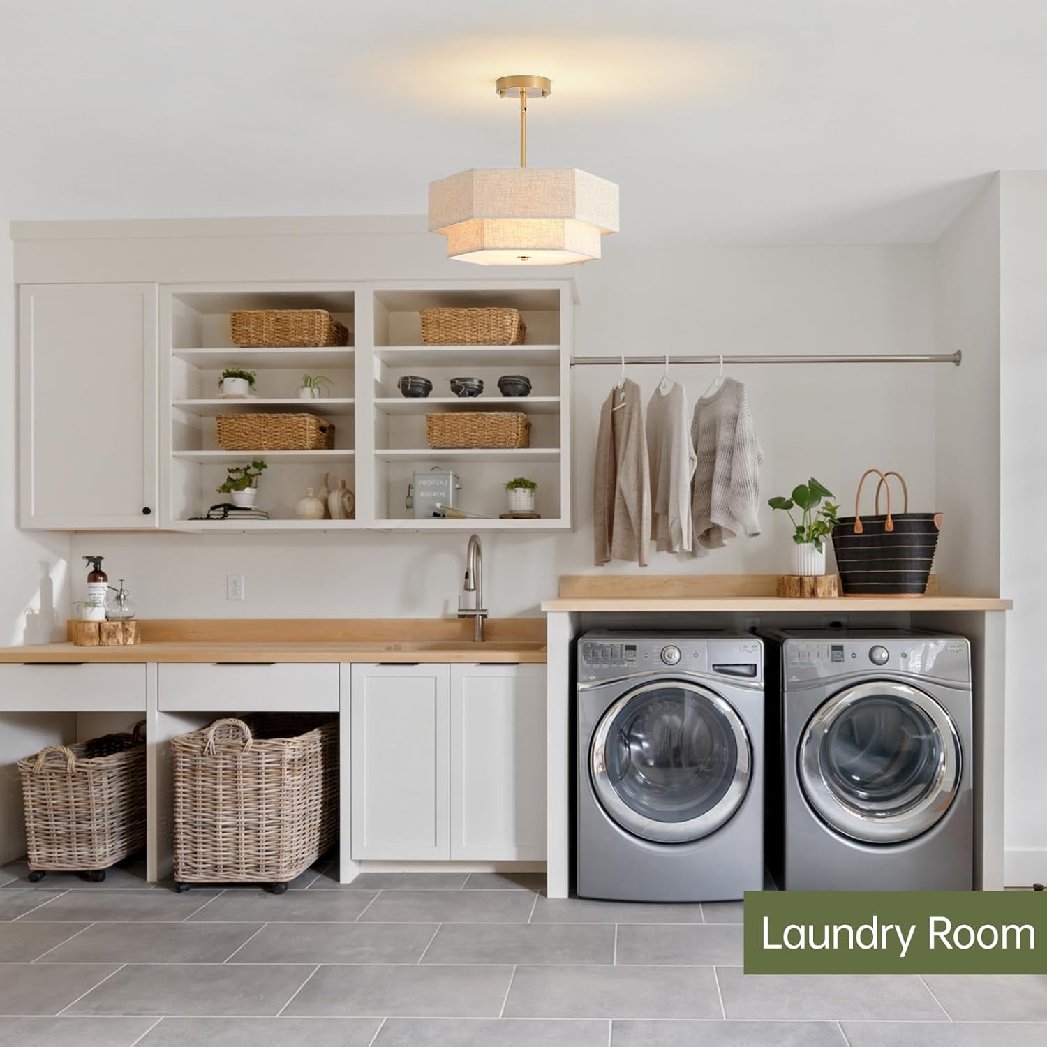 Geometric Linen Semi-Flush Ceiling Light – Adjustable Height Modern Drum Fixture with Gold Finish