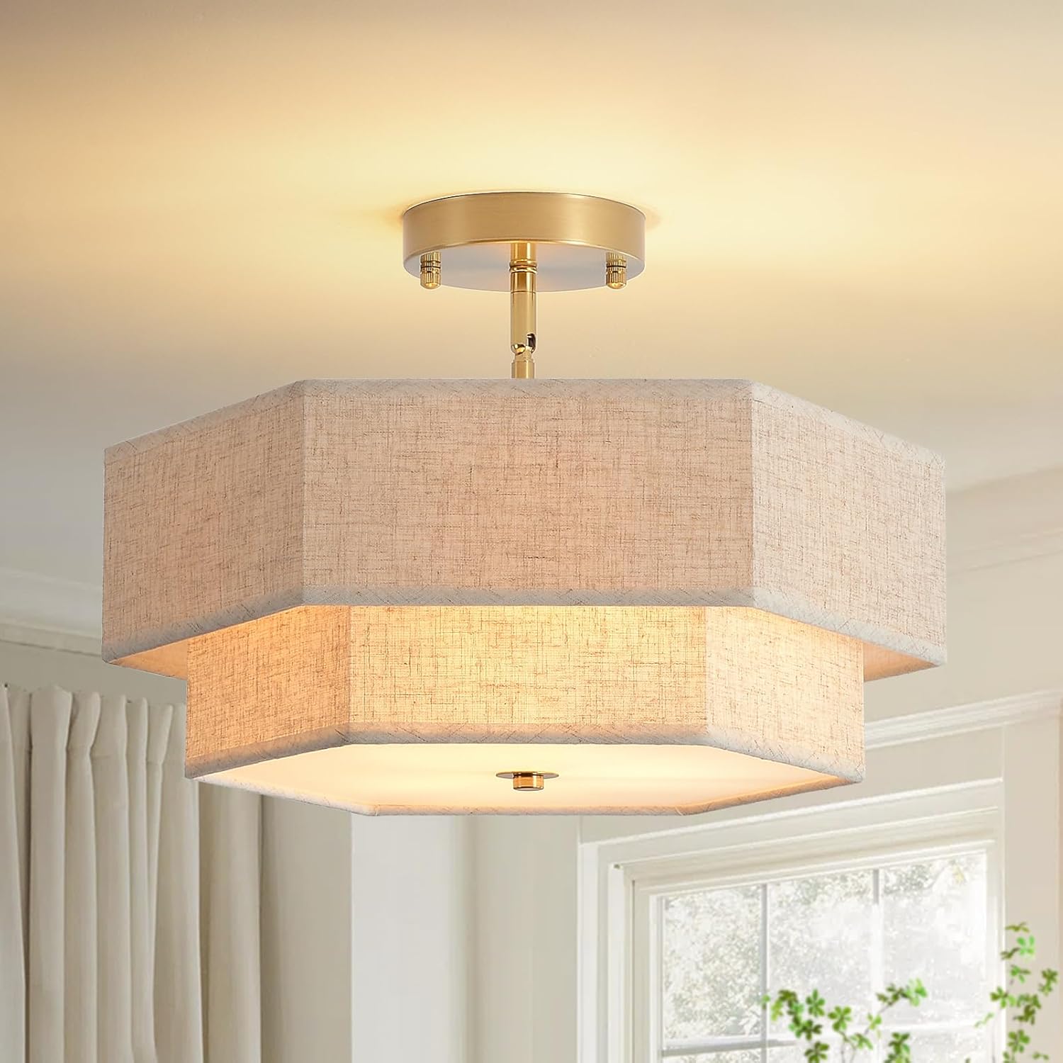 Geometric Linen Semi-Flush Ceiling Light – Adjustable Height Modern Drum Fixture with Gold Finish