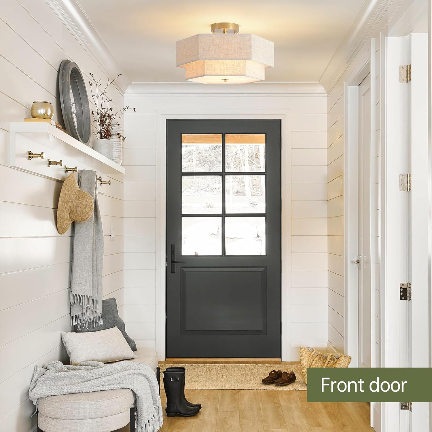 Geometric Linen Semi-Flush Ceiling Light – Adjustable Height Modern Drum Fixture with Gold Finish