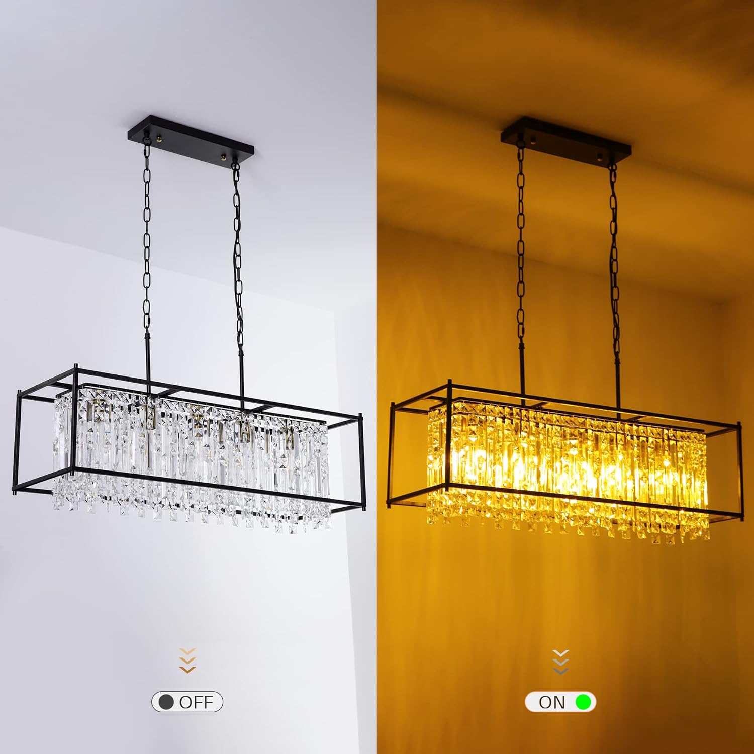 Modern K9 Crystal Rectangular Chandelier - Black Frame, Adjustable Chain, E26 Base