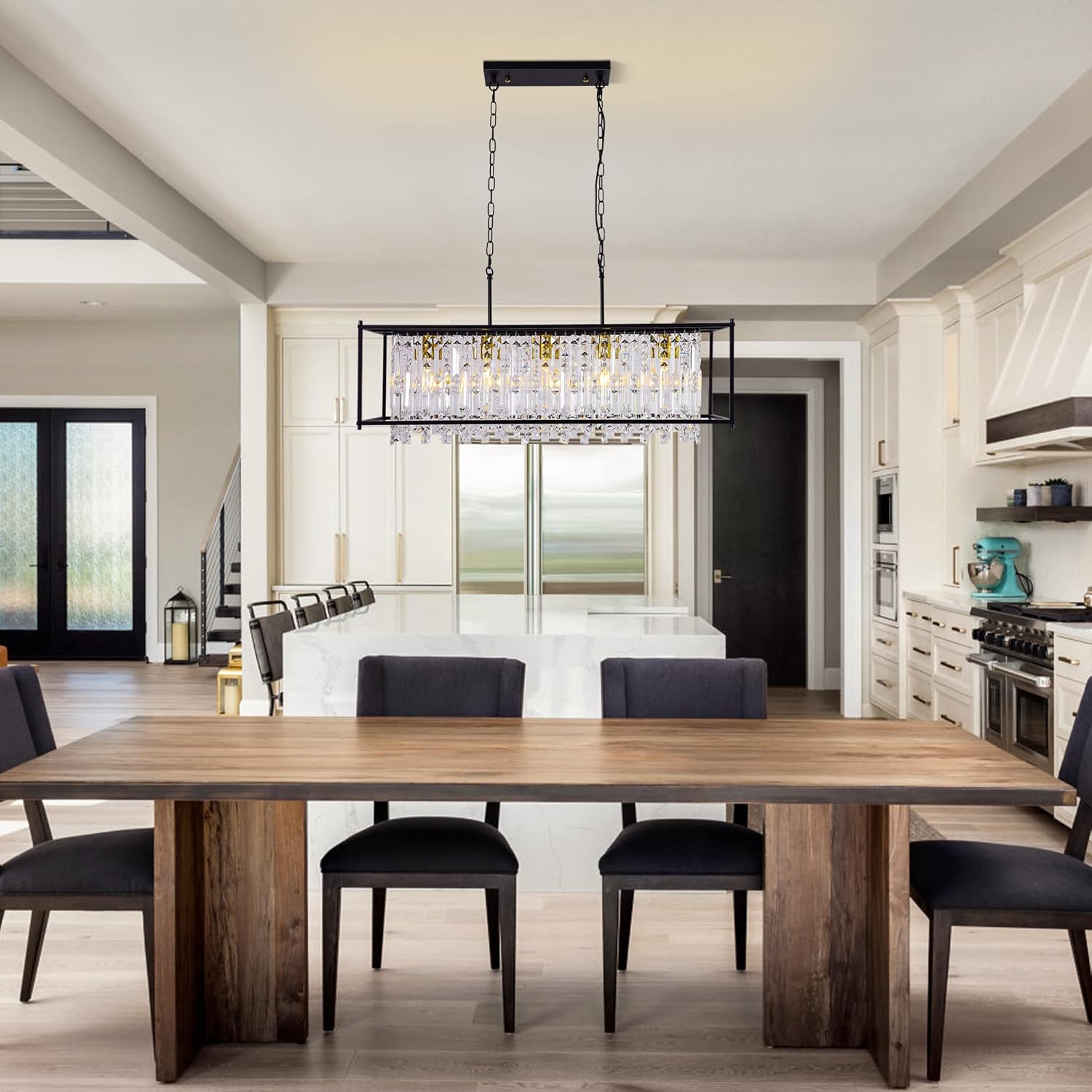 Modern K9 Crystal Rectangular Chandelier - Black Frame, Adjustable Chain, E26 Base