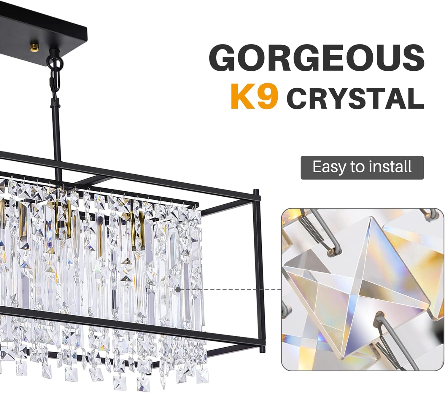 Modern K9 Crystal Rectangular Chandelier - Black Frame, Adjustable Chain, E26 Base