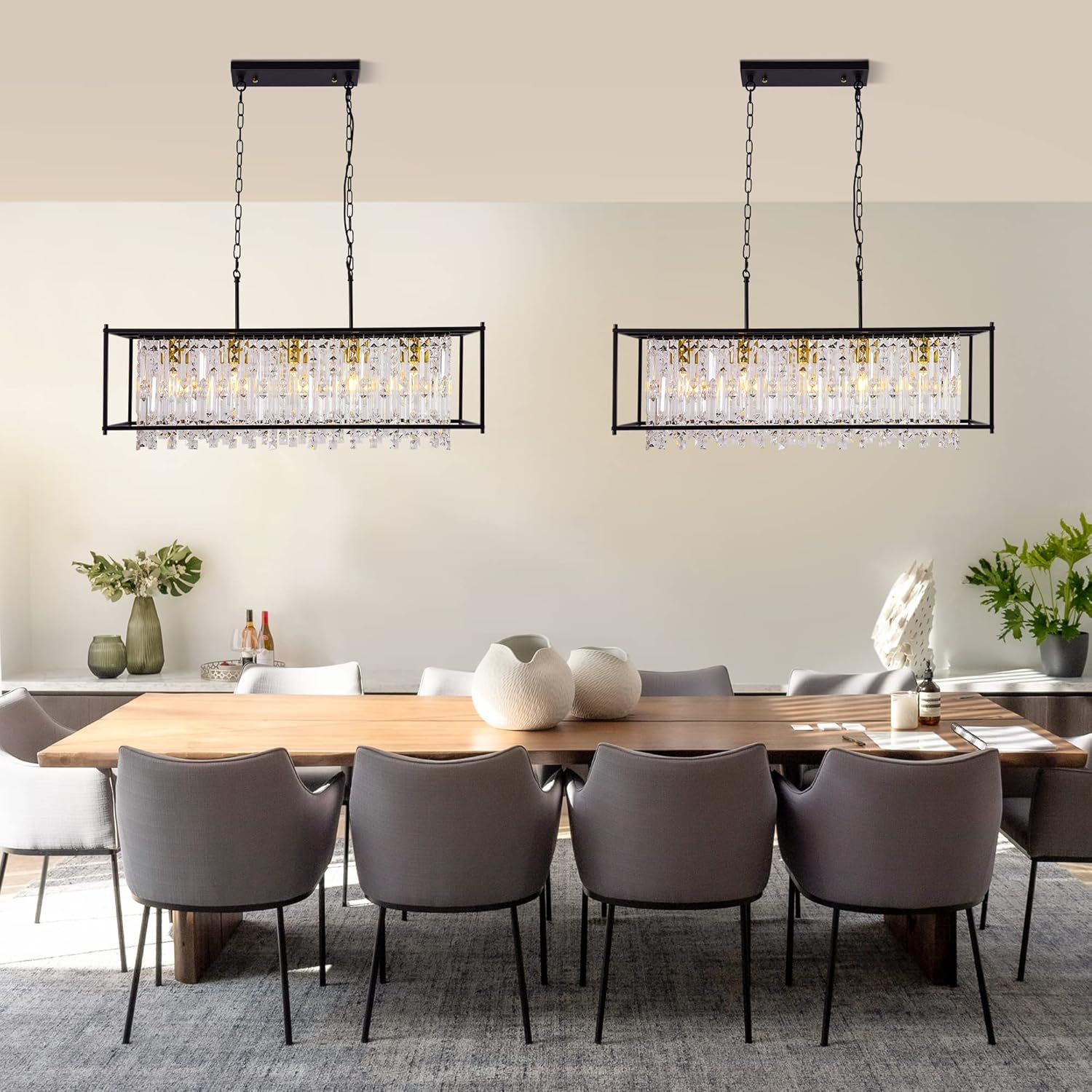 Modern K9 Crystal Rectangular Chandelier - Black Frame, Adjustable Chain, E26 Base