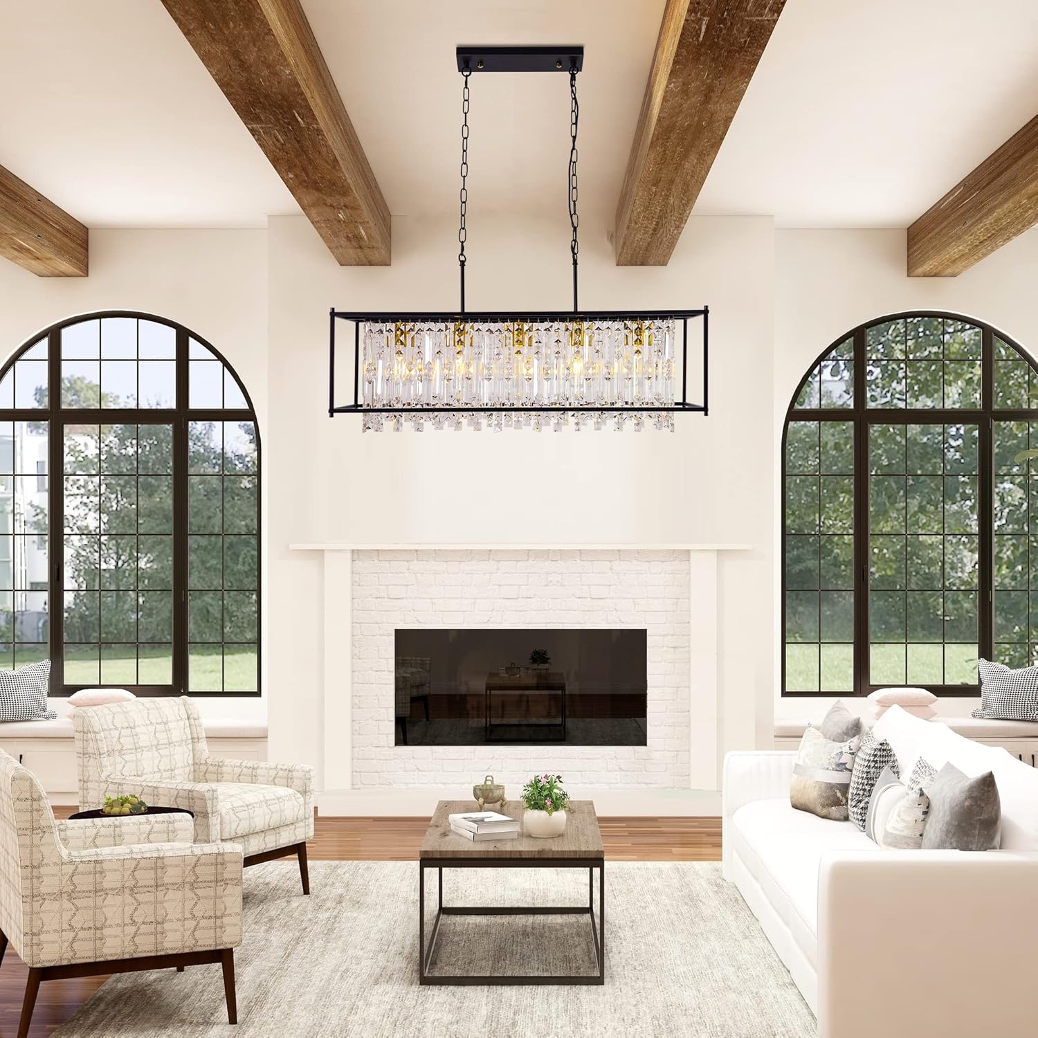 Modern K9 Crystal Rectangular Chandelier - Black Frame, Adjustable Chain, E26 Base