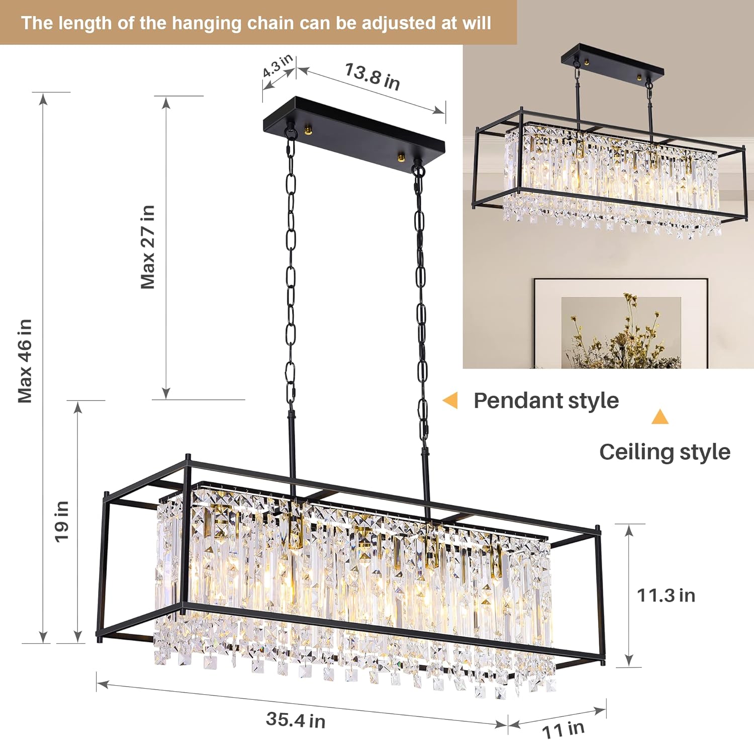 Modern K9 Crystal Rectangular Chandelier - Black Frame, Adjustable Chain, E26 Base