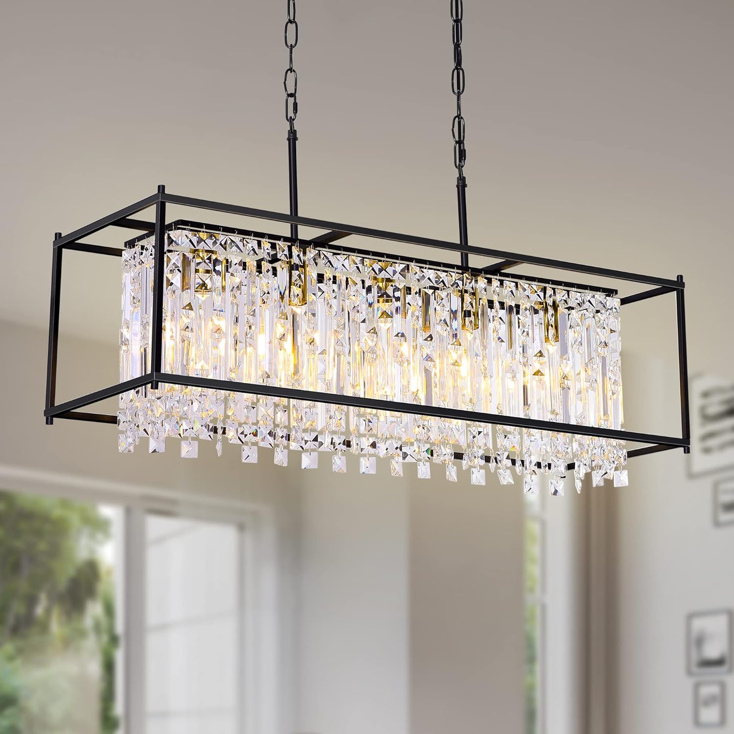 Modern K9 Crystal Rectangular Chandelier - Black Frame, Adjustable Chain, E26 Base