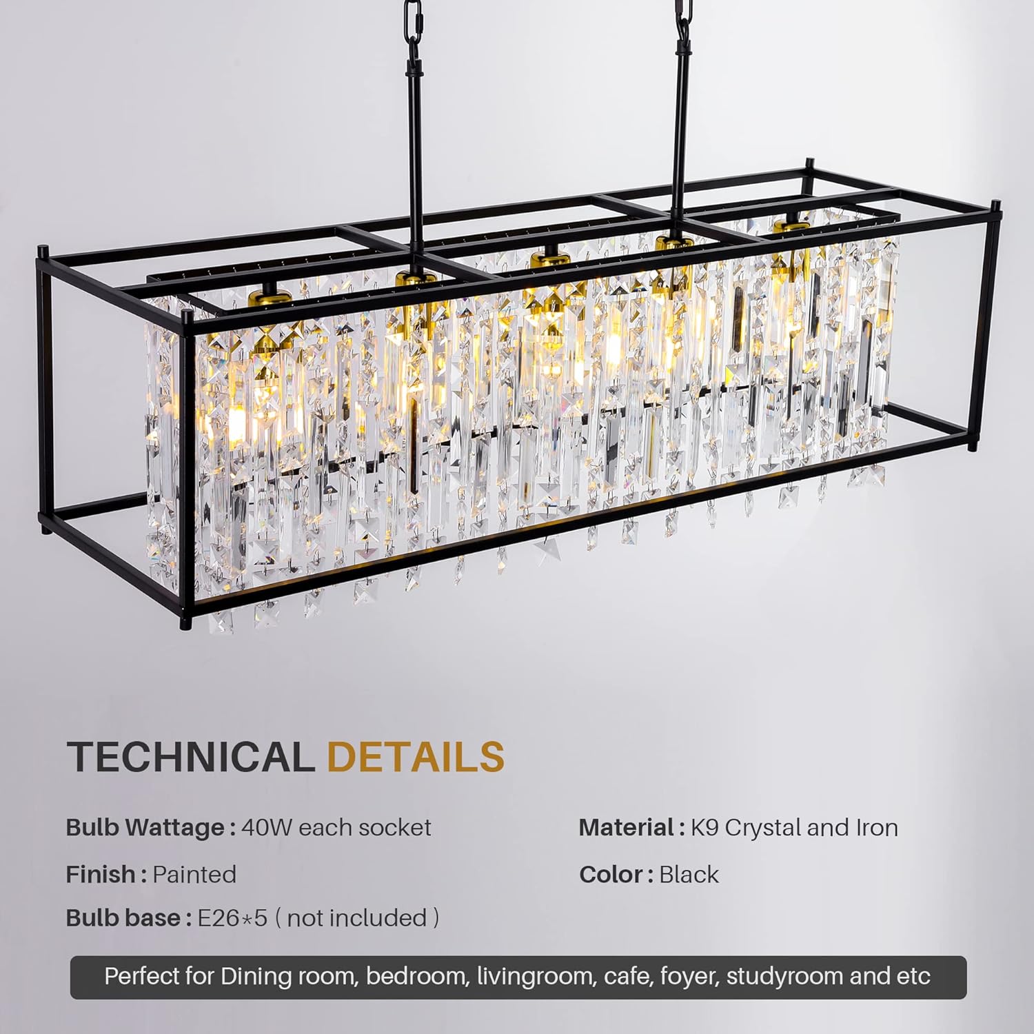 Modern K9 Crystal Rectangular Chandelier - Black Frame, Adjustable Chain, E26 Base