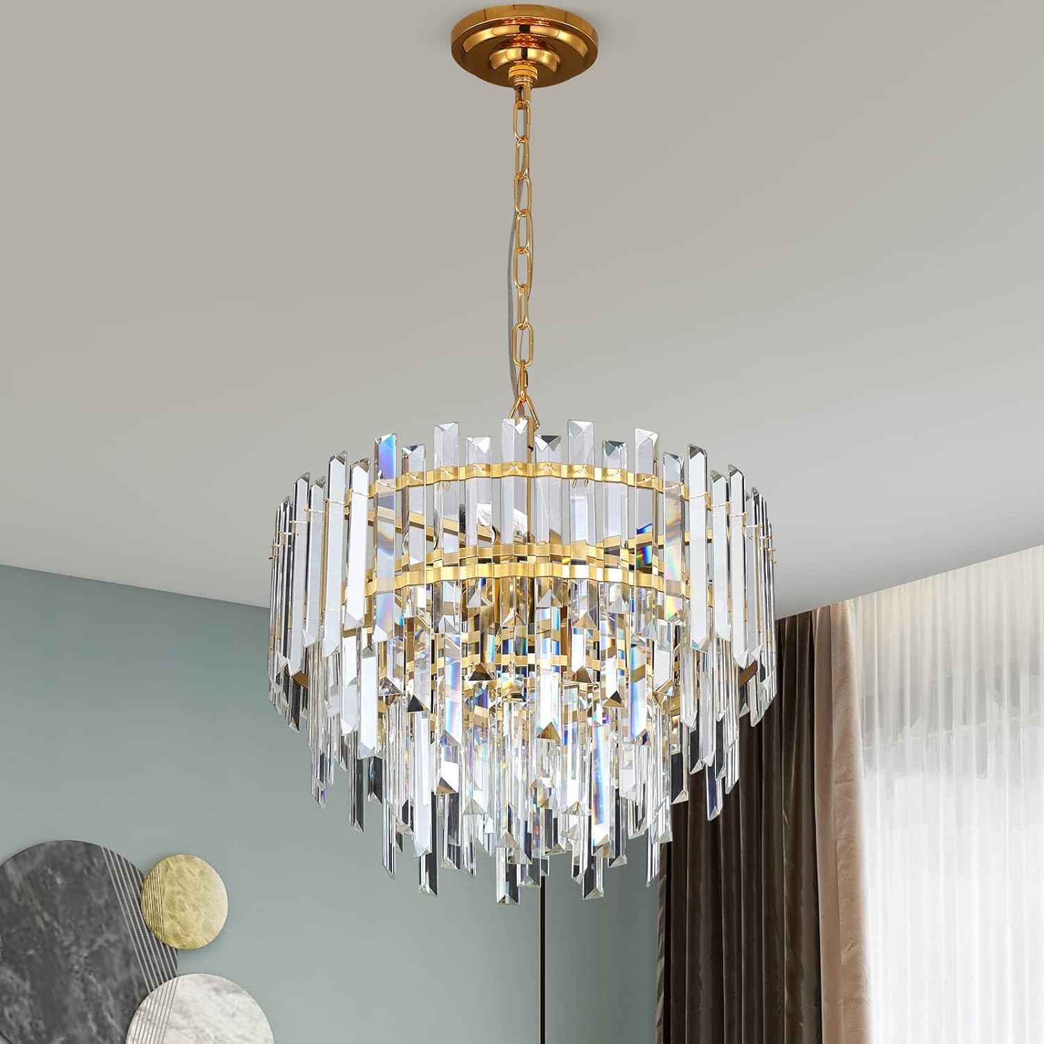 Modern Luxury Gold Crystal Chandelier with Adjustable Height, Round Multi-Tier LED Dimmable Pendant Ceiling Light for Living Room Villa Hotel