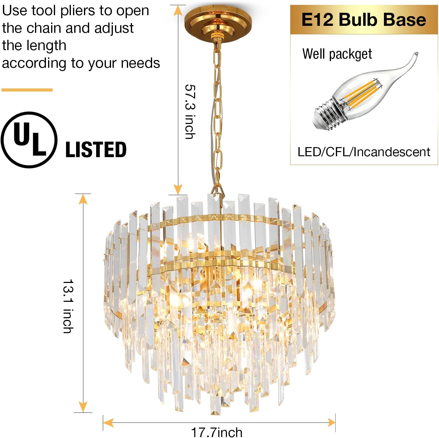 Modern Luxury Gold Crystal Chandelier with Adjustable Height, Round Multi-Tier LED Dimmable Pendant Ceiling Light for Living Room Villa Hotel