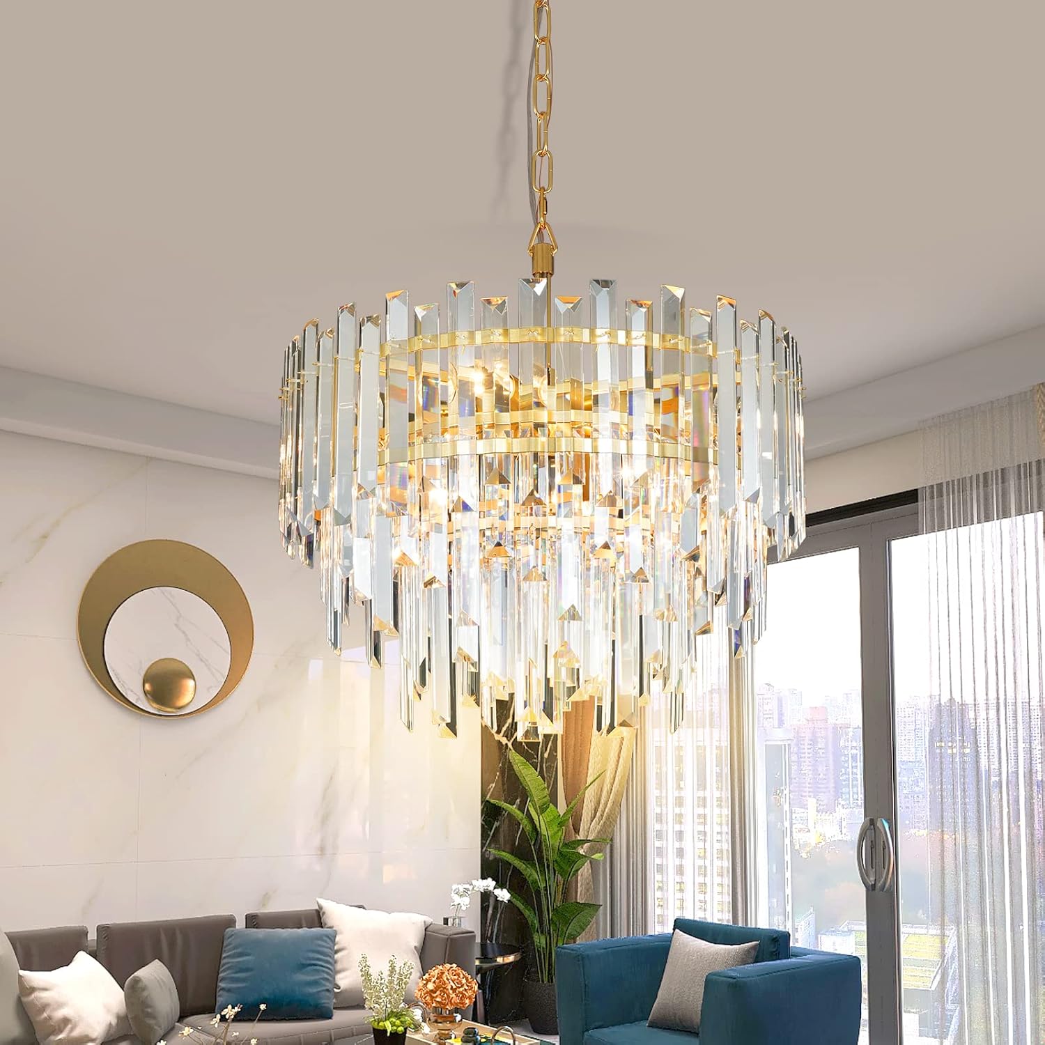 Modern Luxury Gold Crystal Chandelier with Adjustable Height, Round Multi-Tier LED Dimmable Pendant Ceiling Light for Living Room Villa Hotel