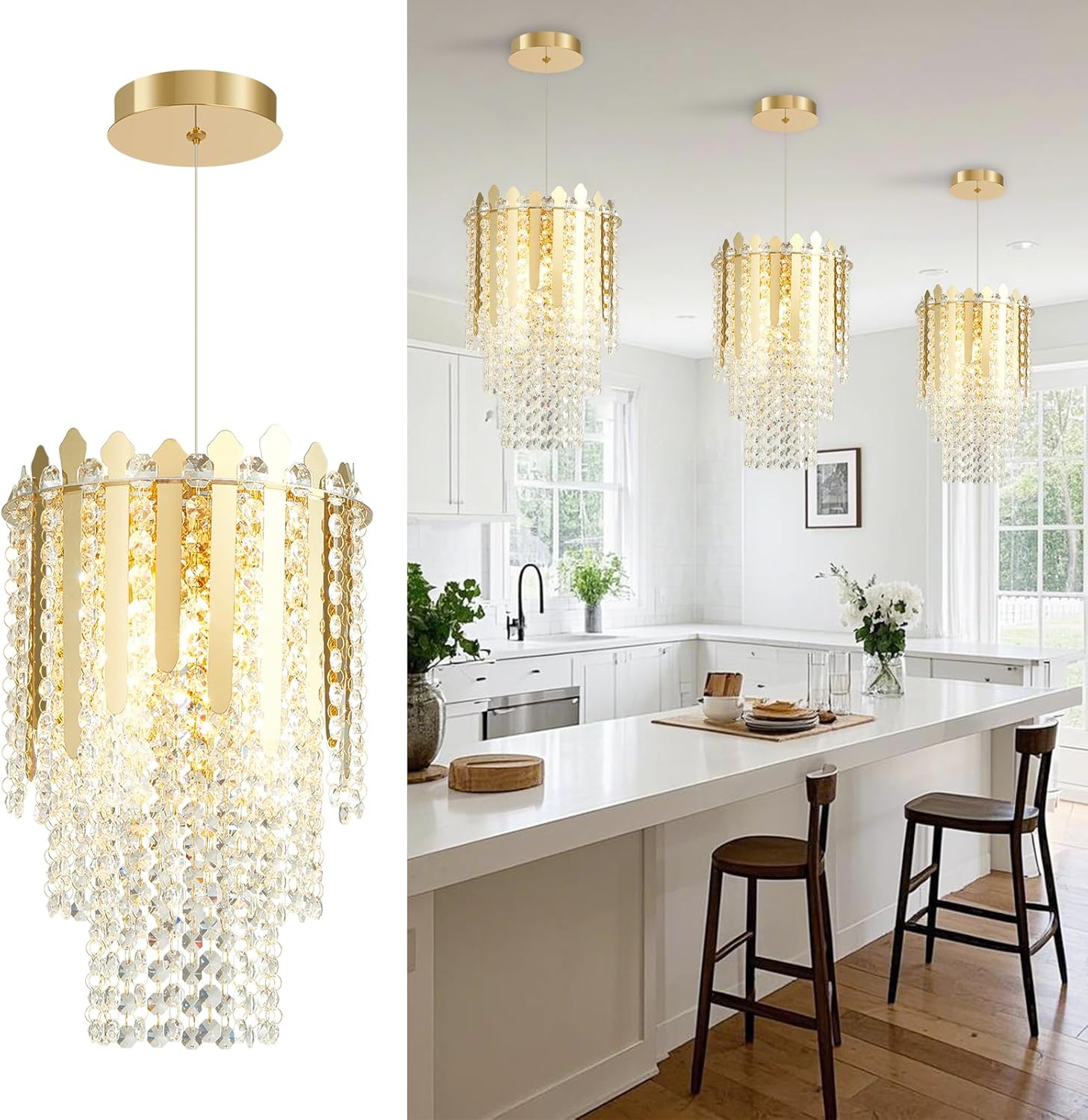Mini Gold Crystal Chandelier Pendant Light - Adjustable LED Ceiling Fixture