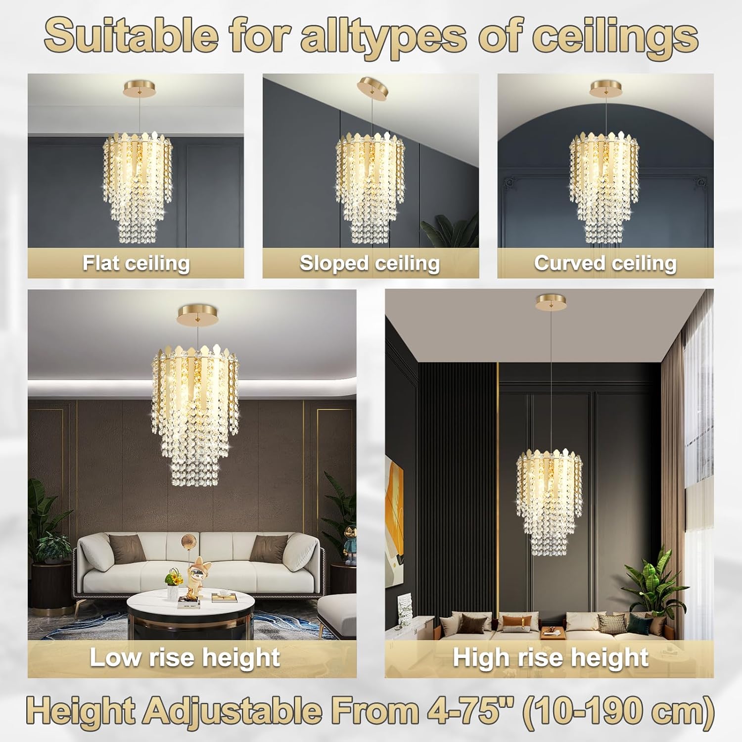 Mini Gold Crystal Chandelier Pendant Light - Adjustable LED Ceiling Fixture