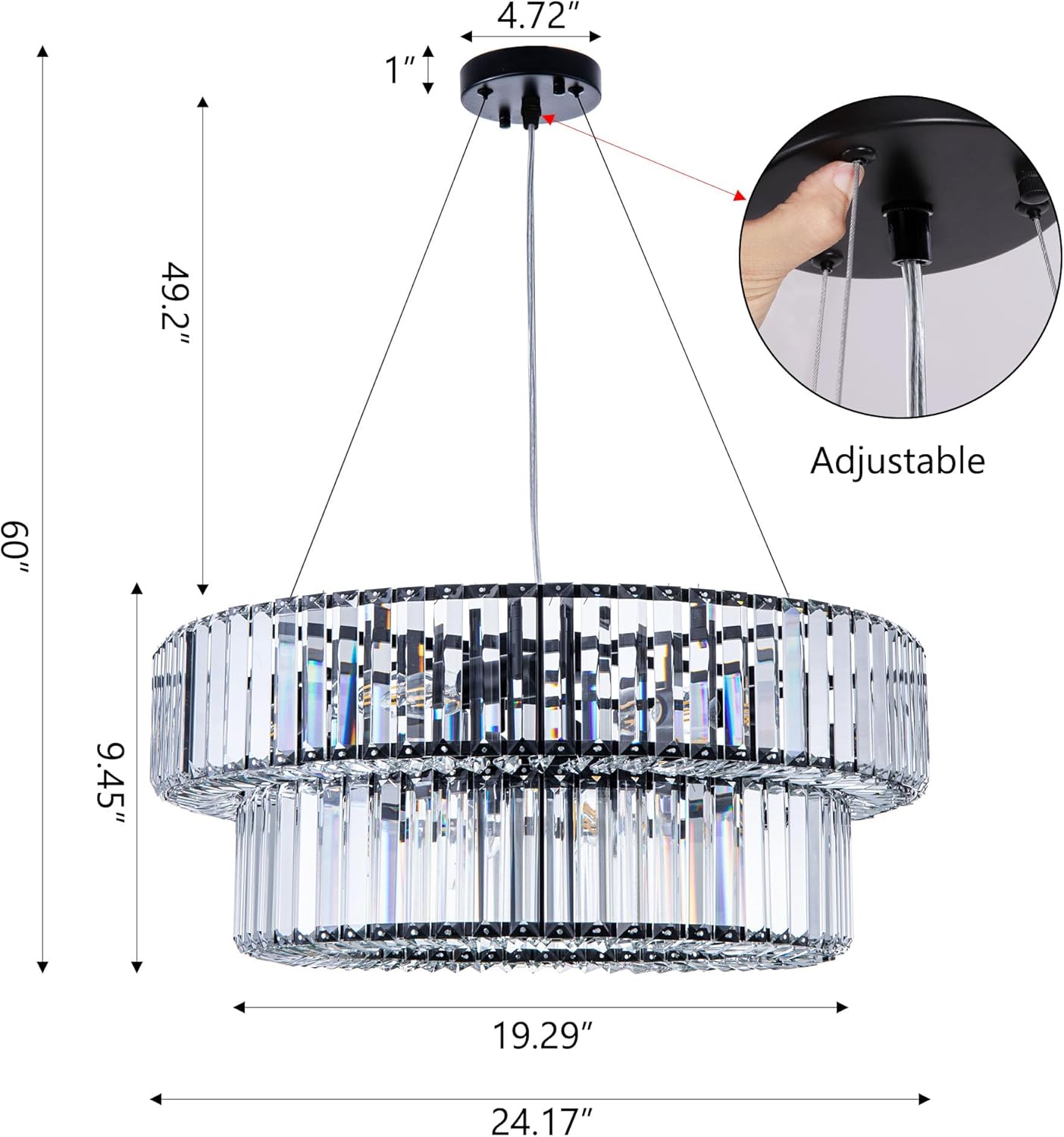 Luxury Double-Tier Crystal Chandelier – 24-Inch Adjustable Modern Round LED Pendant Light