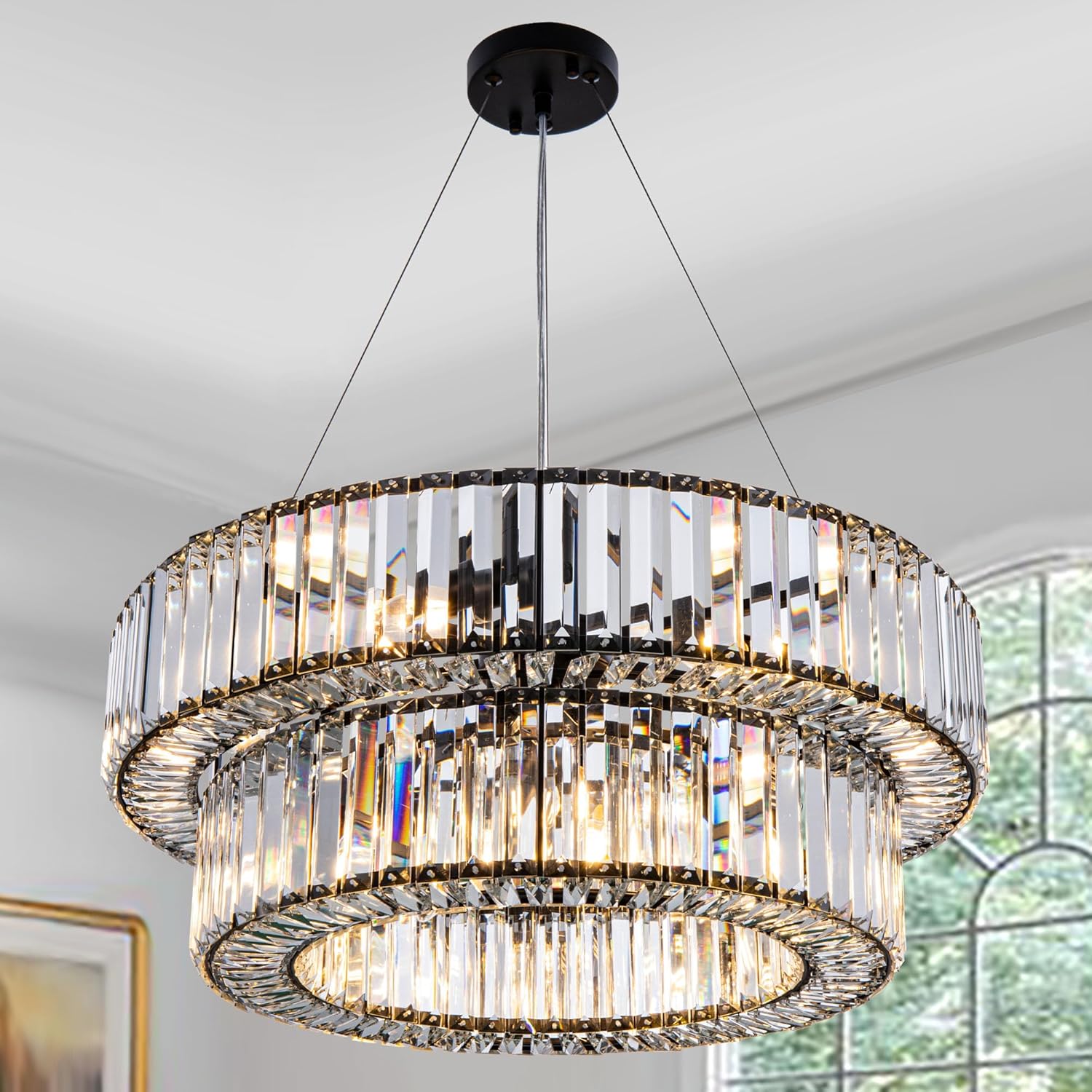 Luxury Double-Tier Crystal Chandelier – 24-Inch Adjustable Modern Round LED Pendant Light