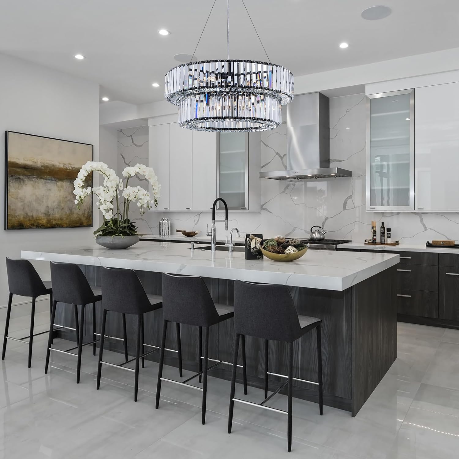 Luxury Double-Tier Crystal Chandelier – 24-Inch Adjustable Modern Round LED Pendant Light