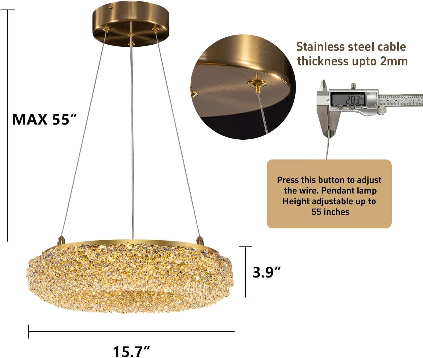 Luxury Round Gold Crystal Pendant Light - Adjustable LED Chandelier for Dining Room