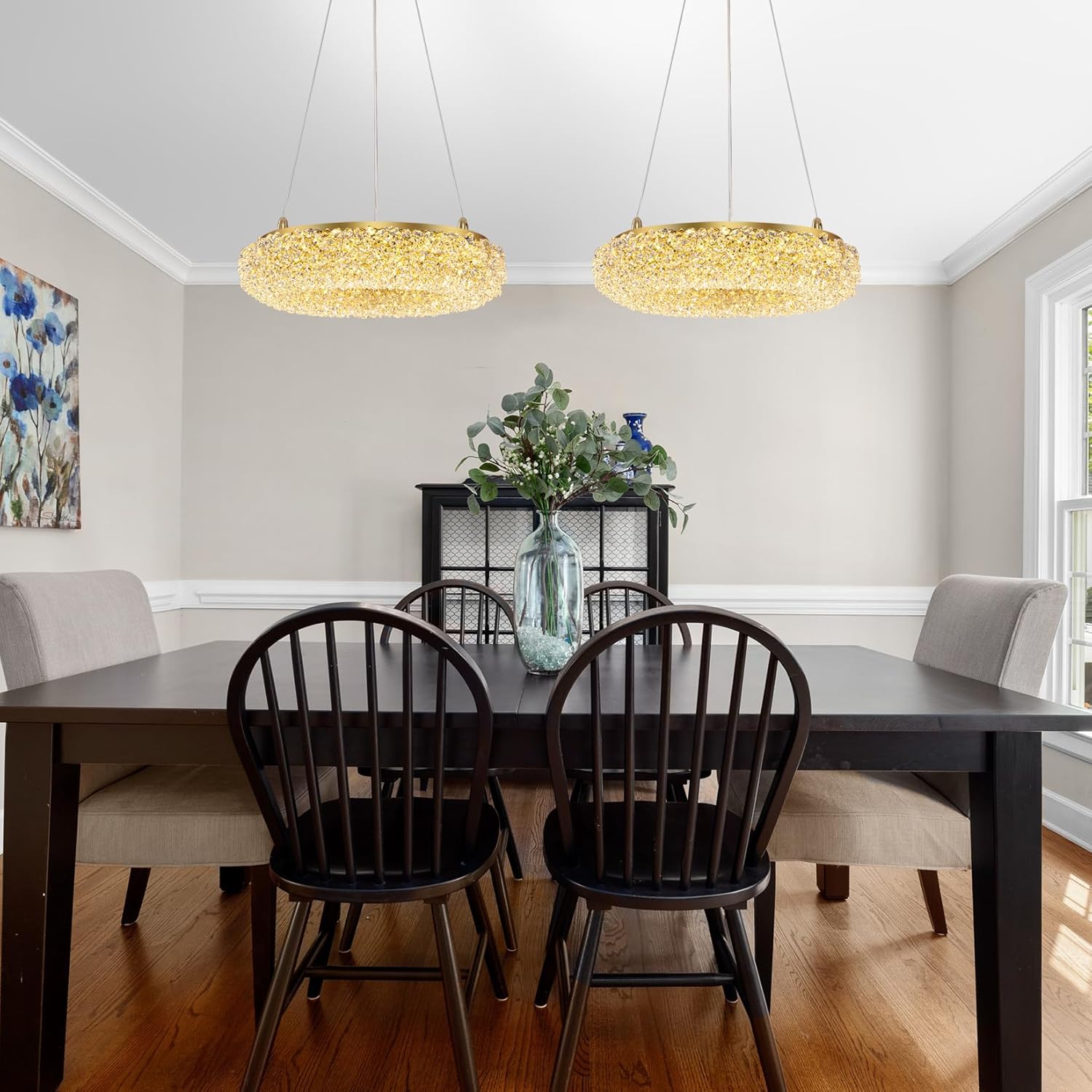 Luxury Round Gold Crystal Pendant Light - Adjustable LED Chandelier for Dining Room