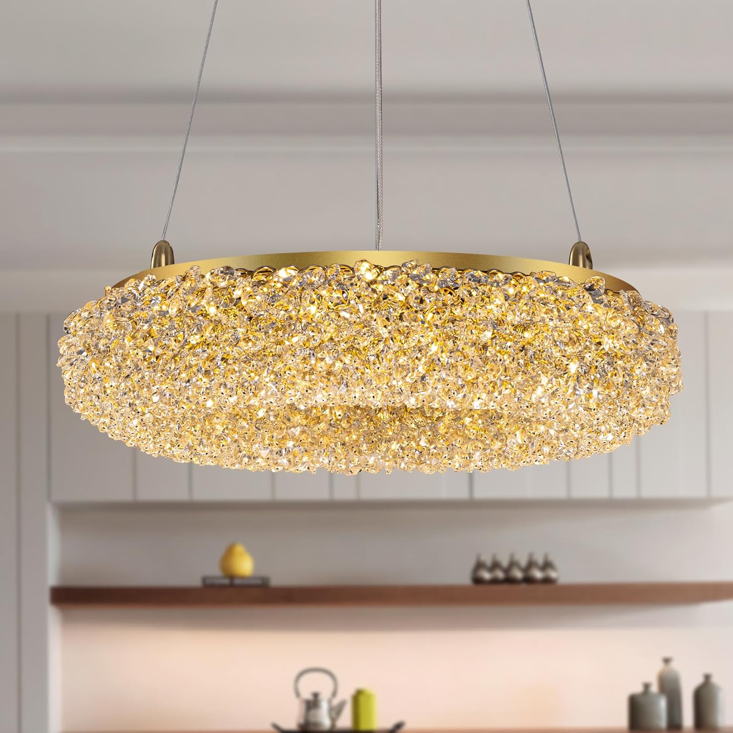 Luxury Round Gold Crystal Pendant Light - Adjustable LED Chandelier for Dining Room