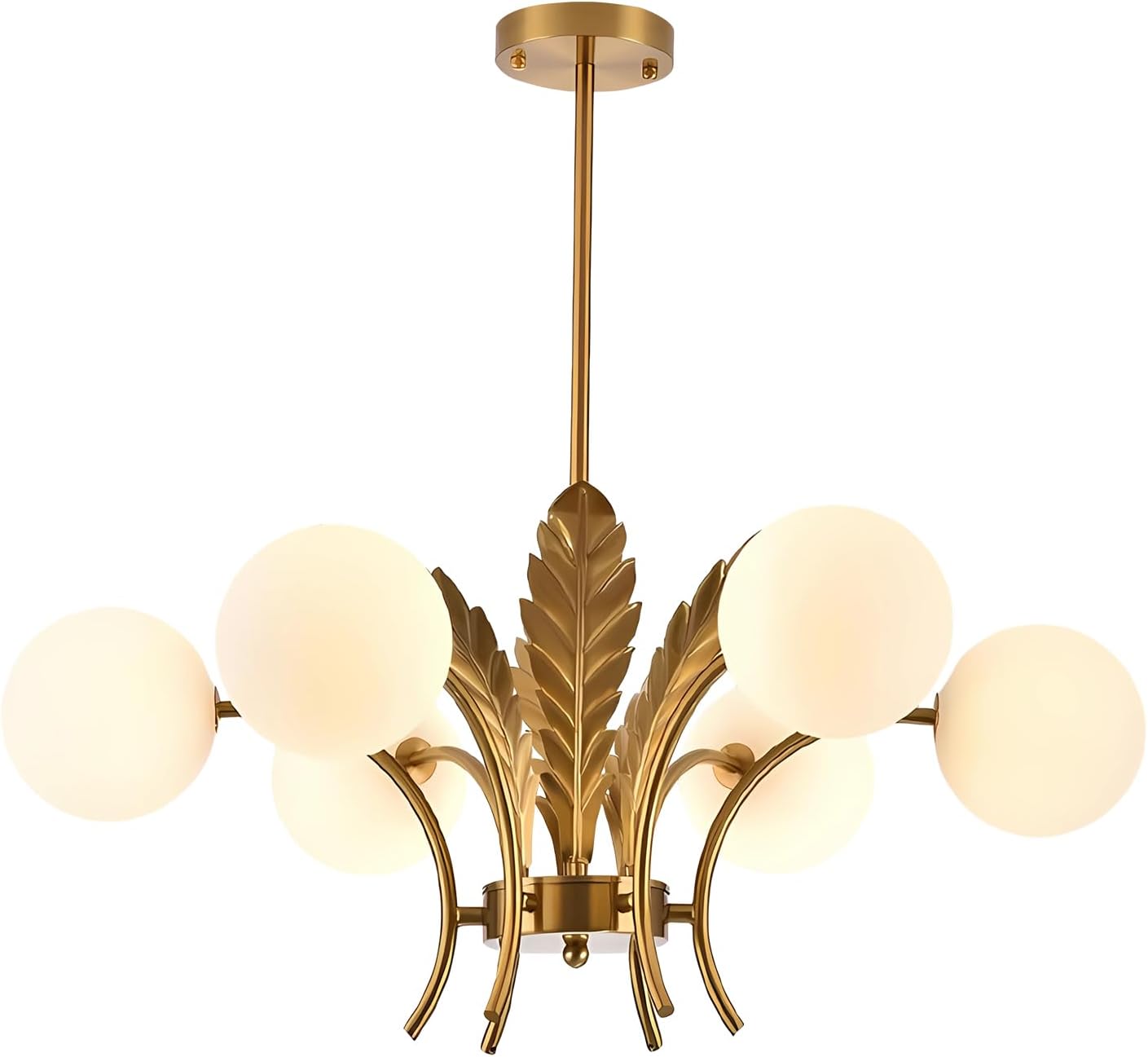 Modern Luxury Gold Leaf 6-Light Chandelier – Adjustable Height LED Glass Globe Pendant Ceiling Light for Living Room Dining Room Bedroom