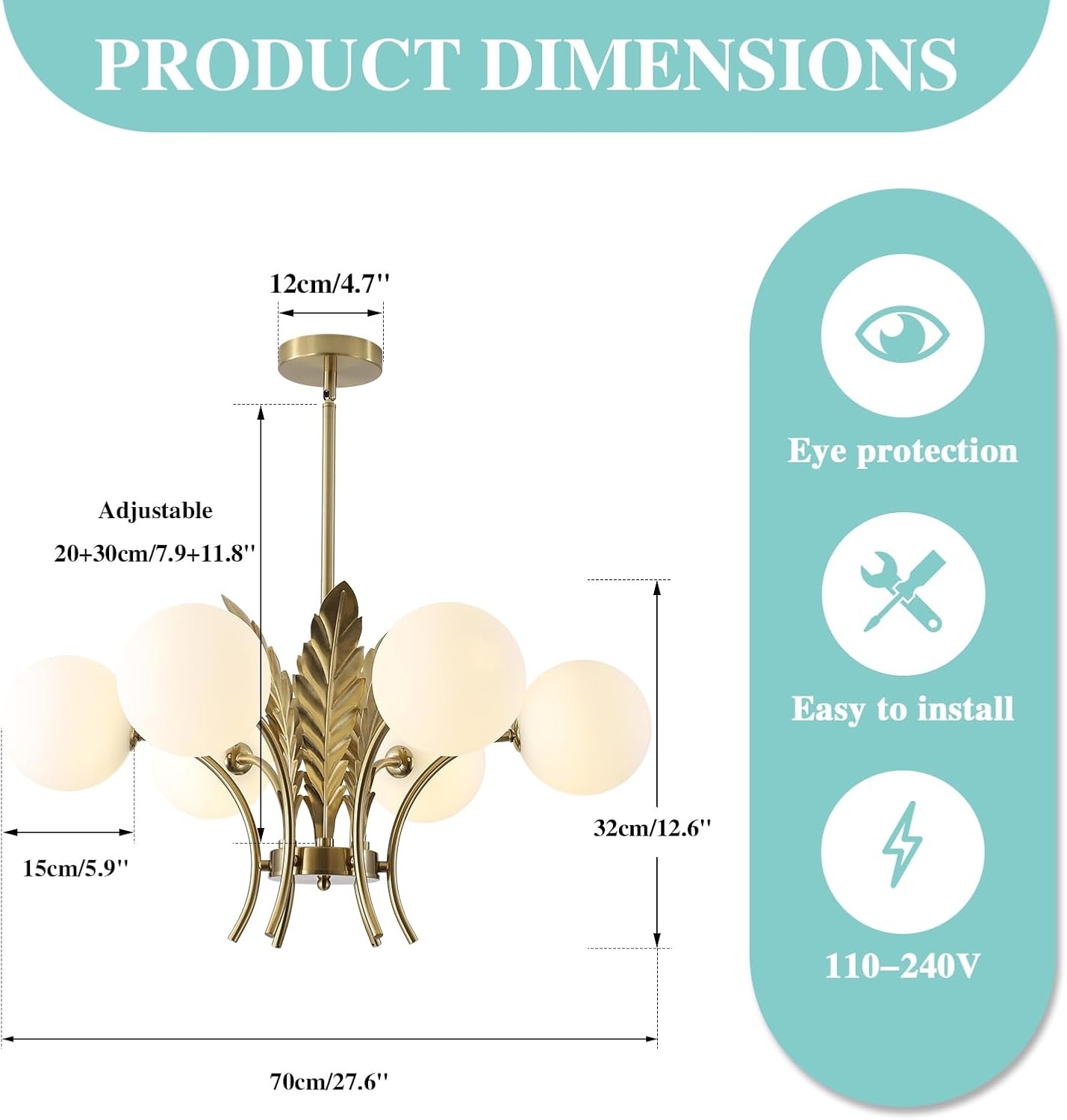 Modern Luxury Gold Leaf 6-Light Chandelier – Adjustable Height LED Glass Globe Pendant Ceiling Light for Living Room Dining Room Bedroom