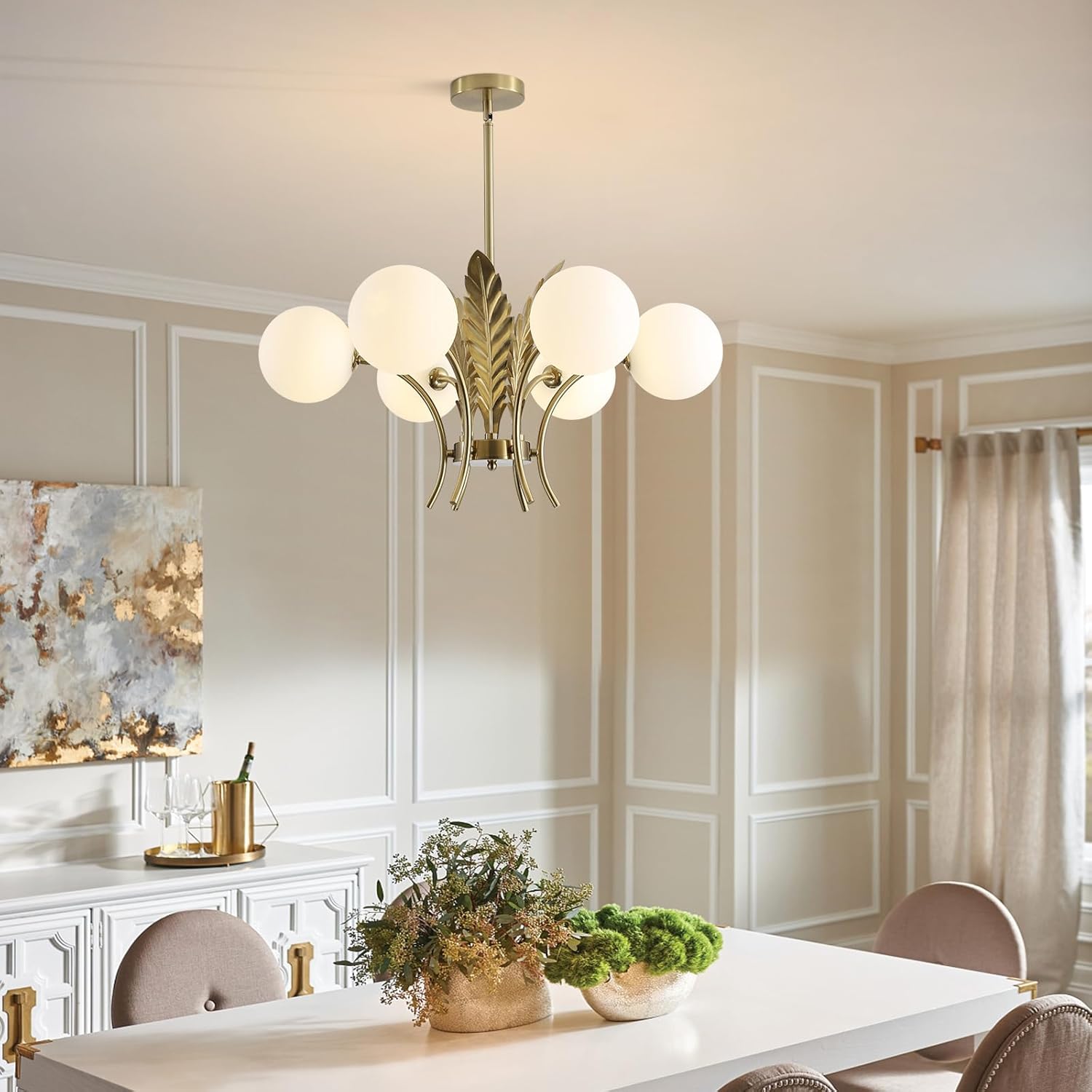 Modern Luxury Gold Leaf 6-Light Chandelier – Adjustable Height LED Glass Globe Pendant Ceiling Light for Living Room Dining Room Bedroom