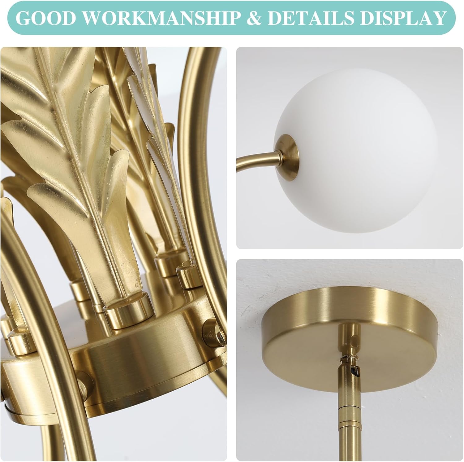 Modern Luxury Gold Leaf 6-Light Chandelier – Adjustable Height LED Glass Globe Pendant Ceiling Light for Living Room Dining Room Bedroom