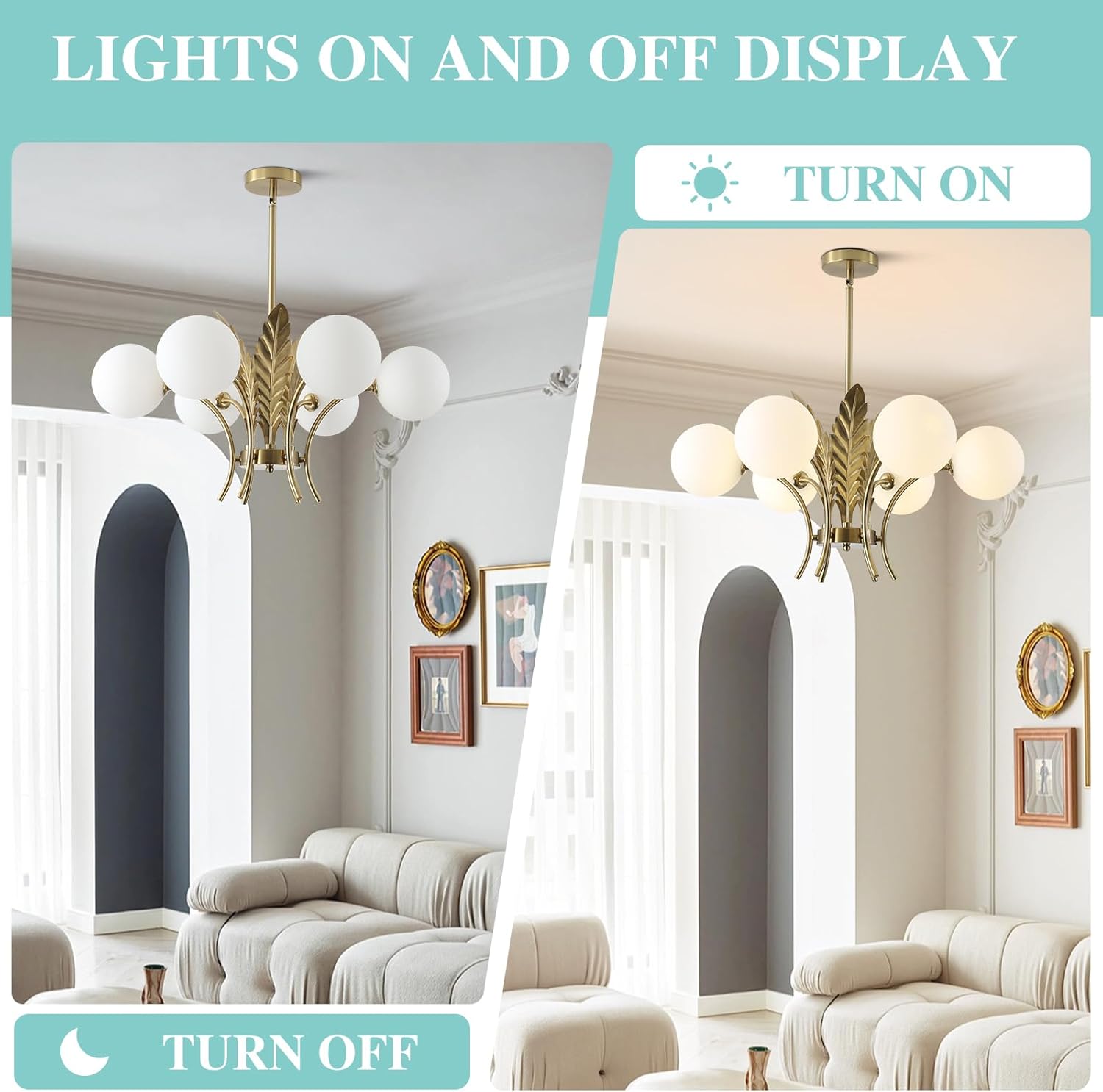 Modern Luxury Gold Leaf 6-Light Chandelier – Adjustable Height LED Glass Globe Pendant Ceiling Light for Living Room Dining Room Bedroom