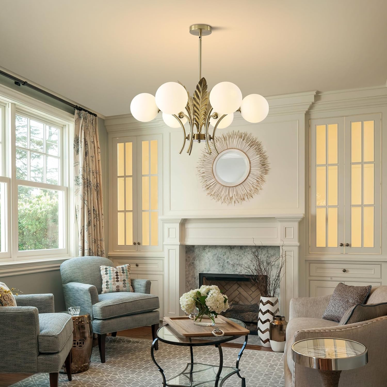 Modern Luxury Gold Leaf 6-Light Chandelier – Adjustable Height LED Glass Globe Pendant Ceiling Light for Living Room Dining Room Bedroom