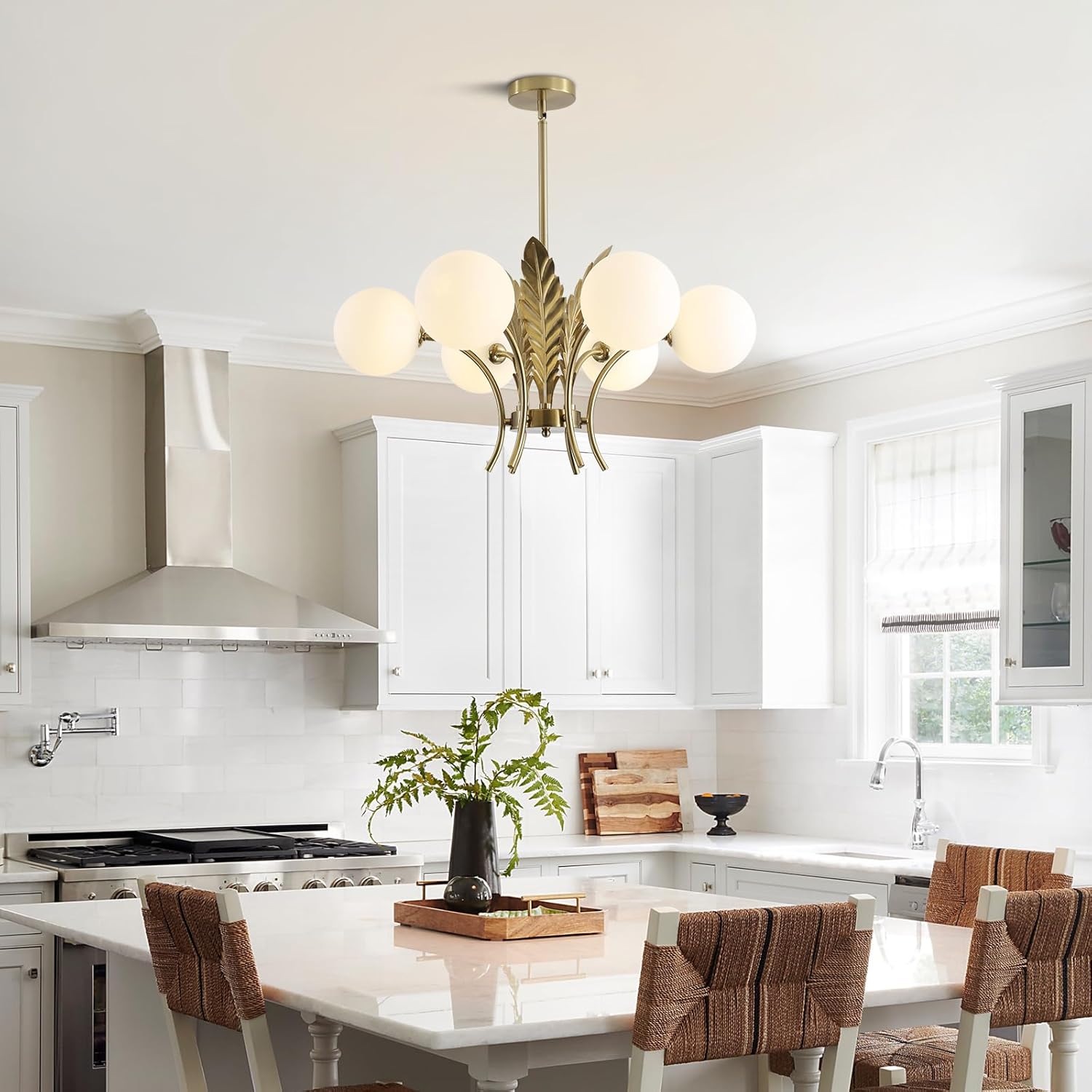 Modern Luxury Gold Leaf 6-Light Chandelier – Adjustable Height LED Glass Globe Pendant Ceiling Light for Living Room Dining Room Bedroom