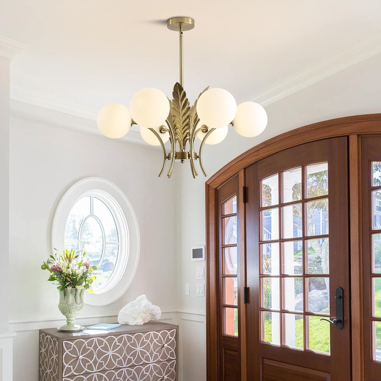 Modern Luxury Gold Leaf 6-Light Chandelier – Adjustable Height LED Glass Globe Pendant Ceiling Light for Living Room Dining Room Bedroom