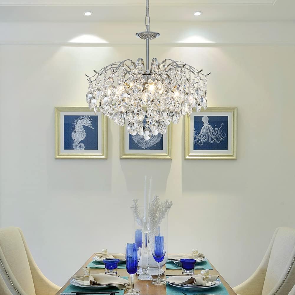 Modern Silver K9 Crystal Chandelier - Adjustable LED Luxury Pendant Light for Dining Room & Living Room