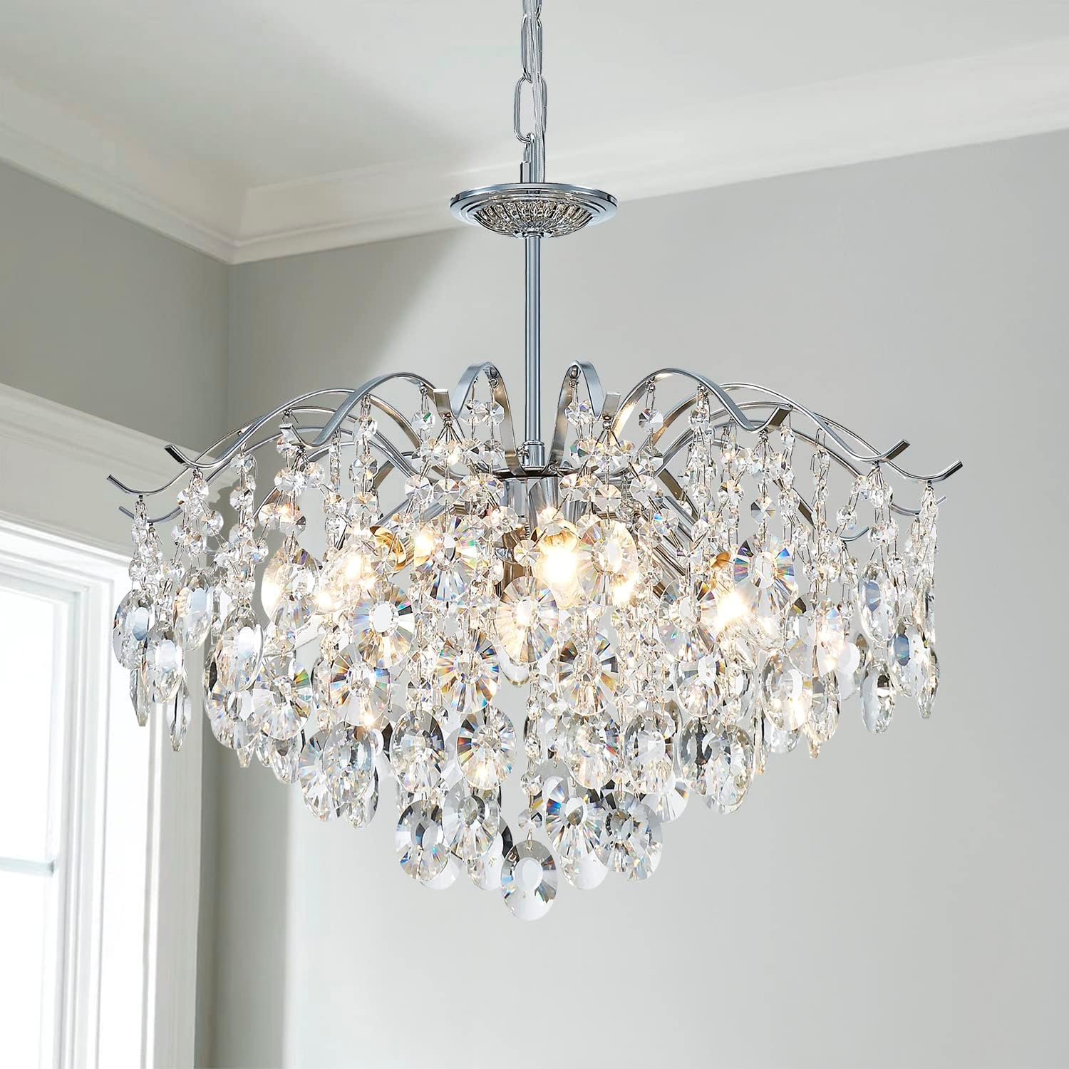 Modern Silver K9 Crystal Chandelier - Adjustable LED Luxury Pendant Light for Dining Room & Living Room