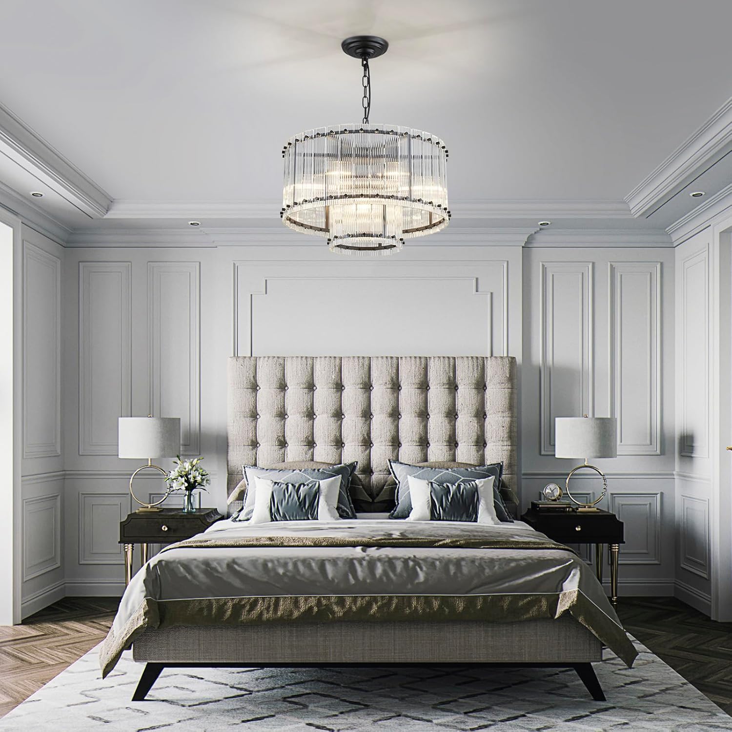 Modern Black Crystal Chandelier Large Round Tiered Ceiling Pendant Light Adjustable Chain