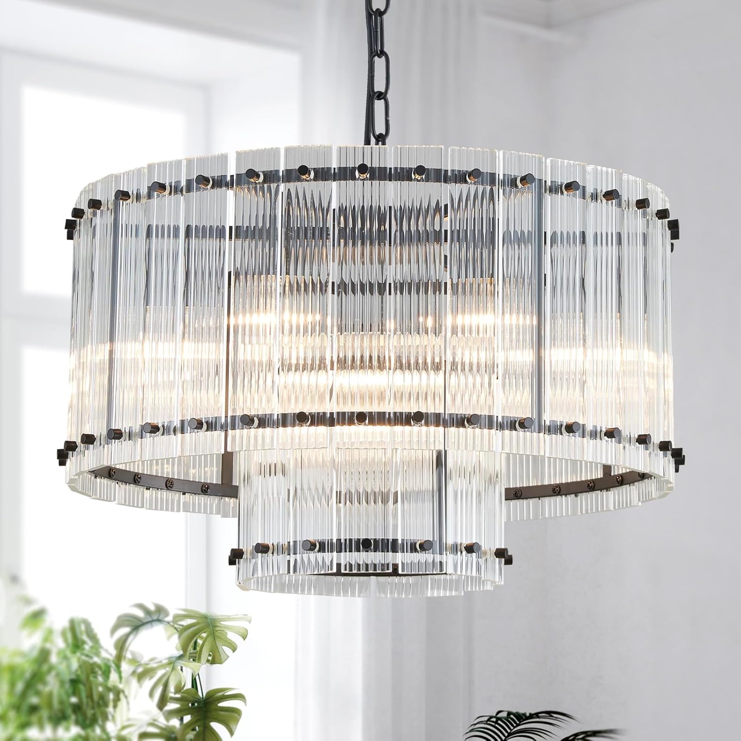 Modern Black Crystal Chandelier Large Round Tiered Ceiling Pendant Light Adjustable Chain