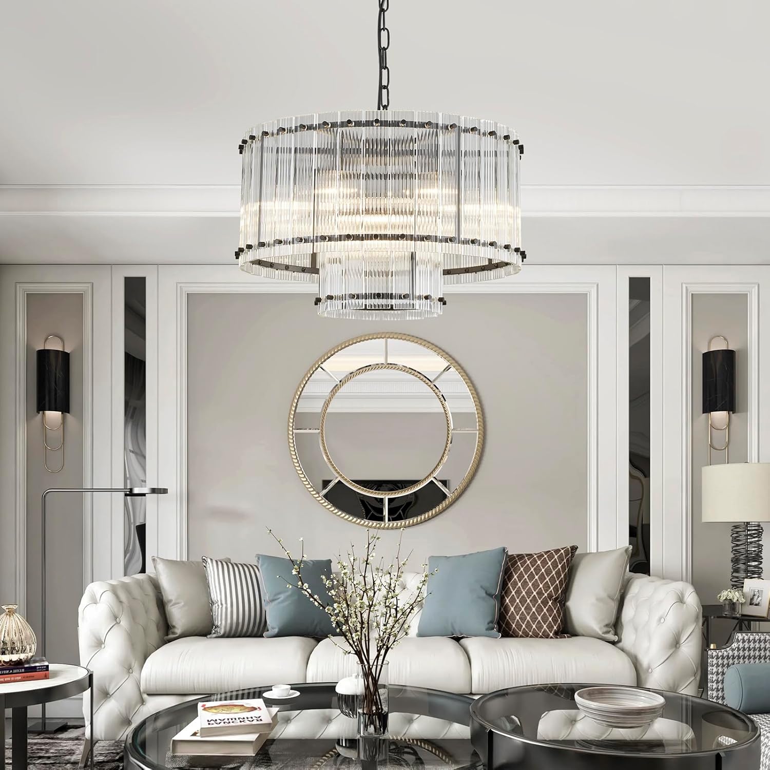 Modern Black Crystal Chandelier Large Round Tiered Ceiling Pendant Light Adjustable Chain