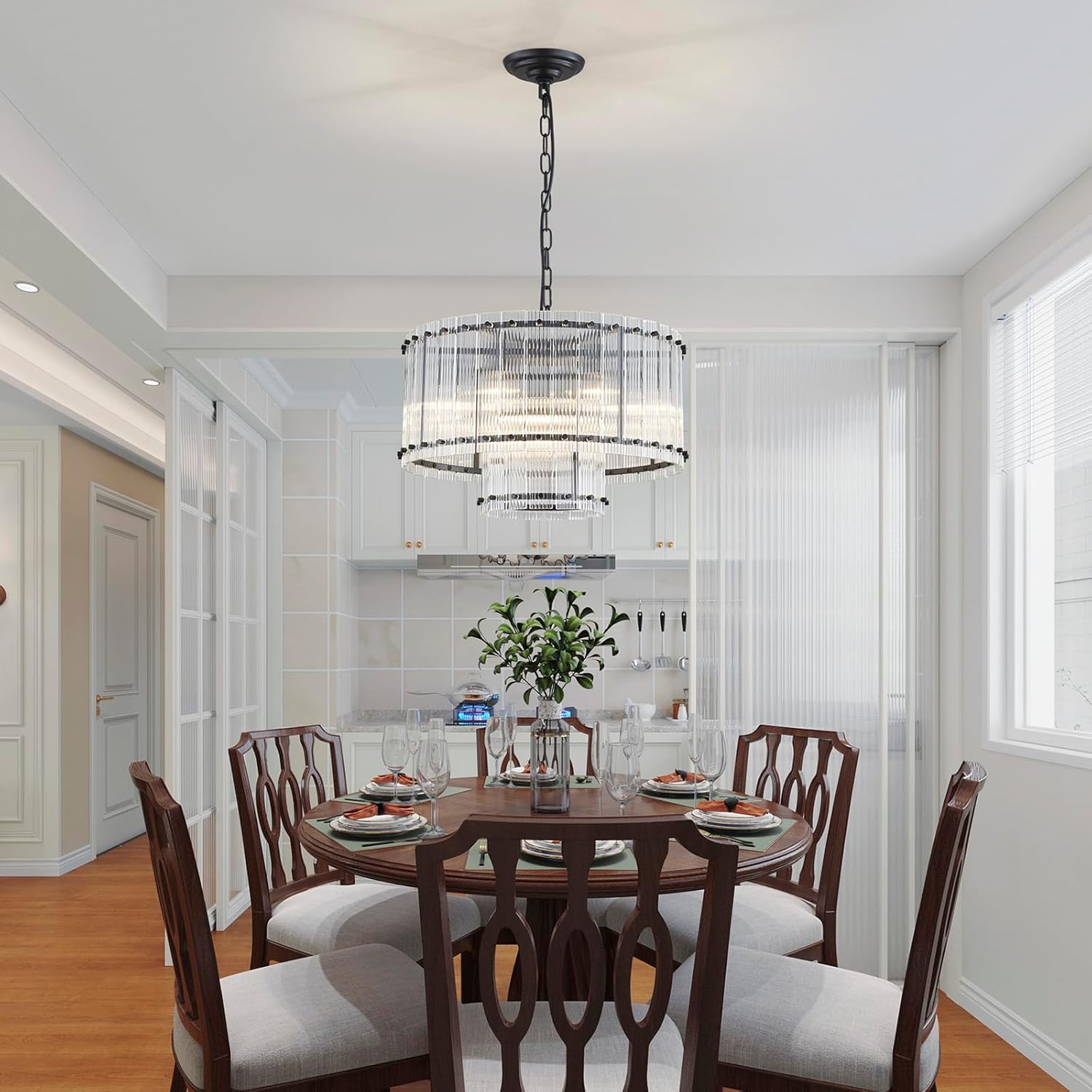 Modern Black Crystal Chandelier Large Round Tiered Ceiling Pendant Light Adjustable Chain