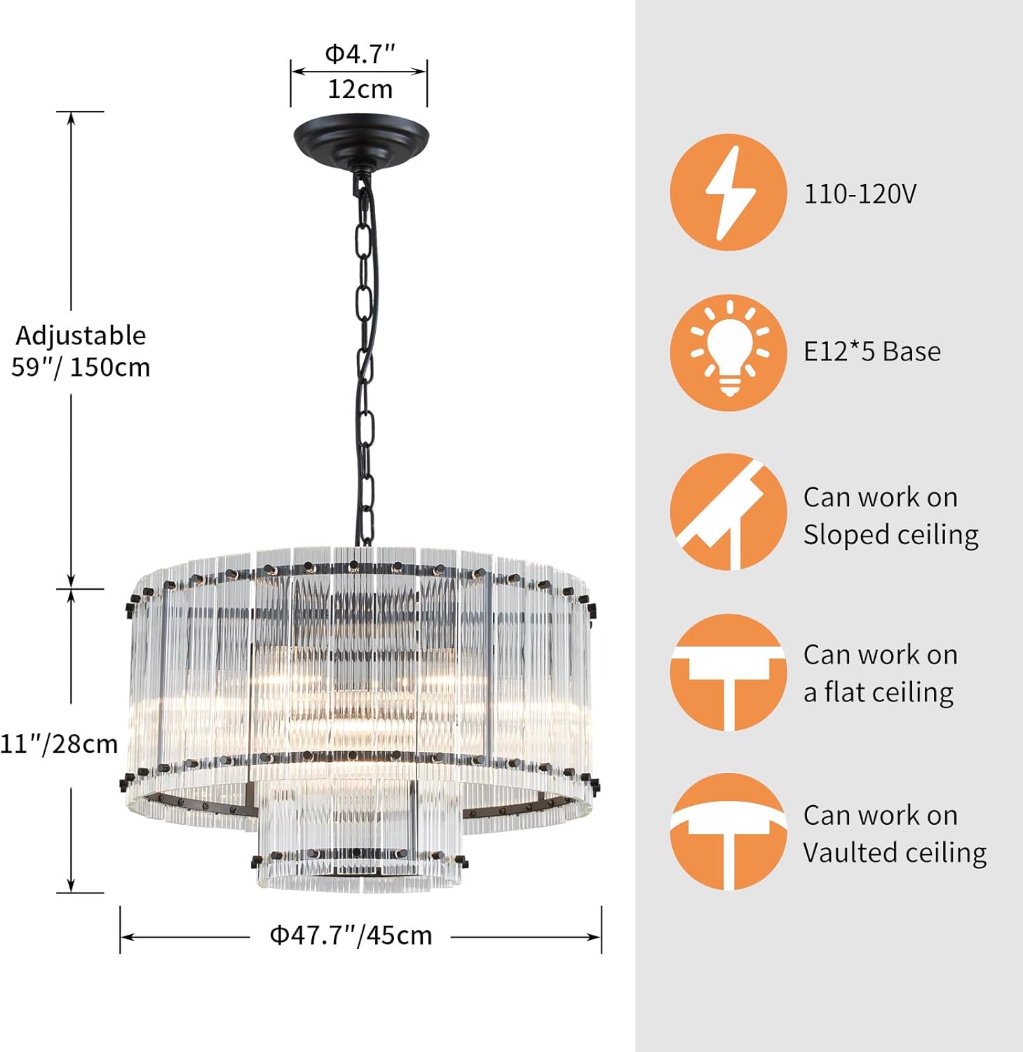 Modern Black Crystal Chandelier Large Round Tiered Ceiling Pendant Light Adjustable Chain