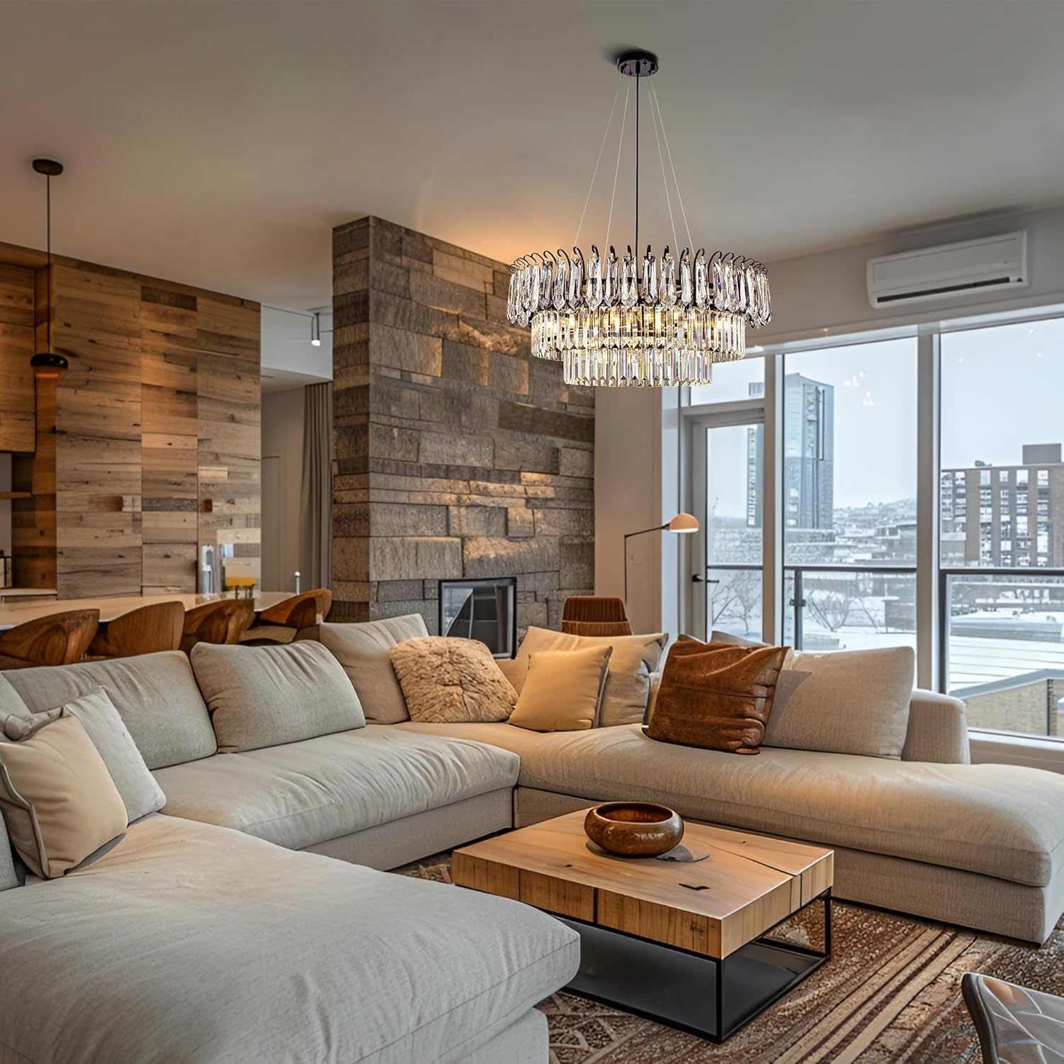 Modern Black Round Crystal Chandelier – 2-Tier Adjustable LED Pendant Light for Living Room, Dining Room, or Foyer