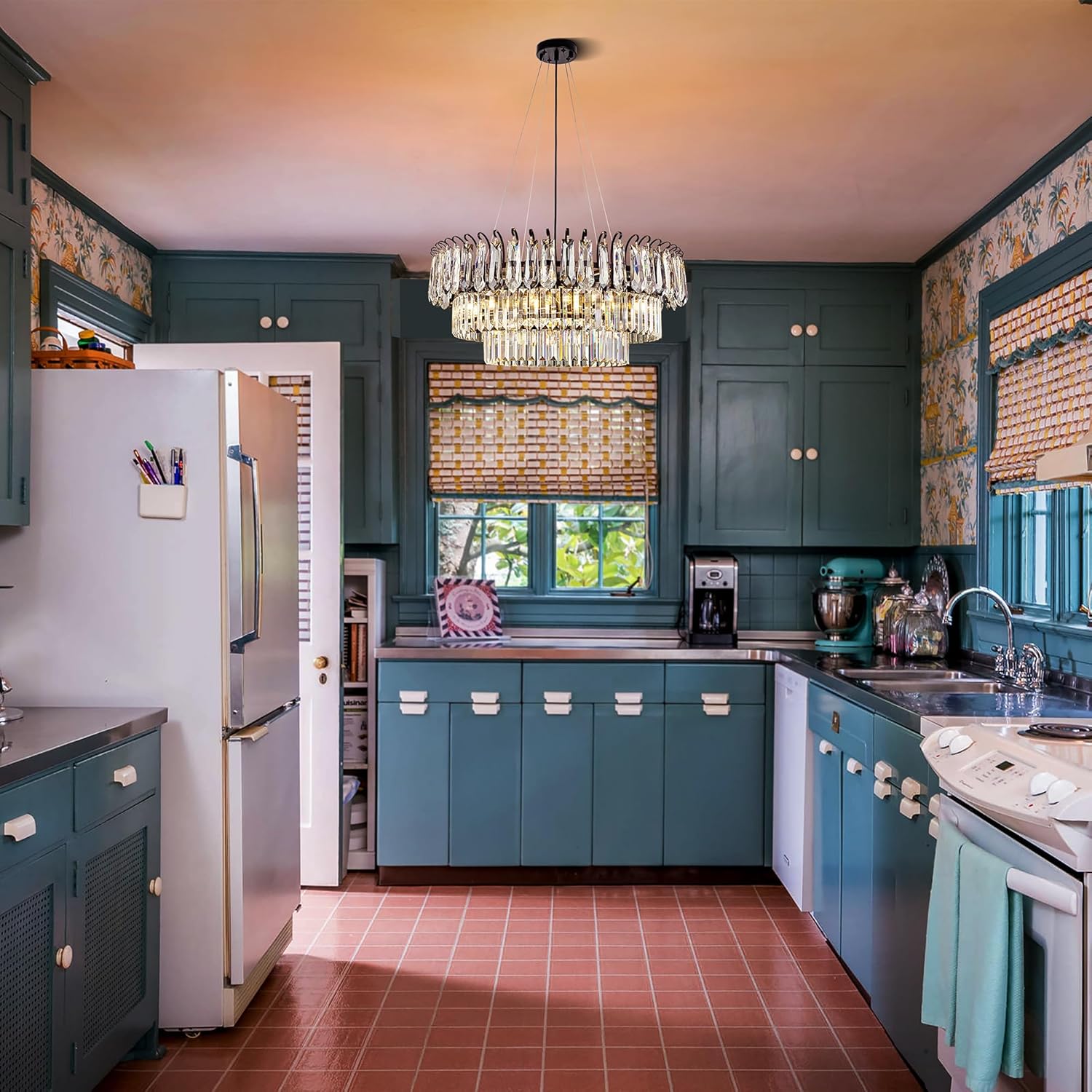 Modern Black Round Crystal Chandelier – 2-Tier Adjustable LED Pendant Light for Living Room, Dining Room, or Foyer