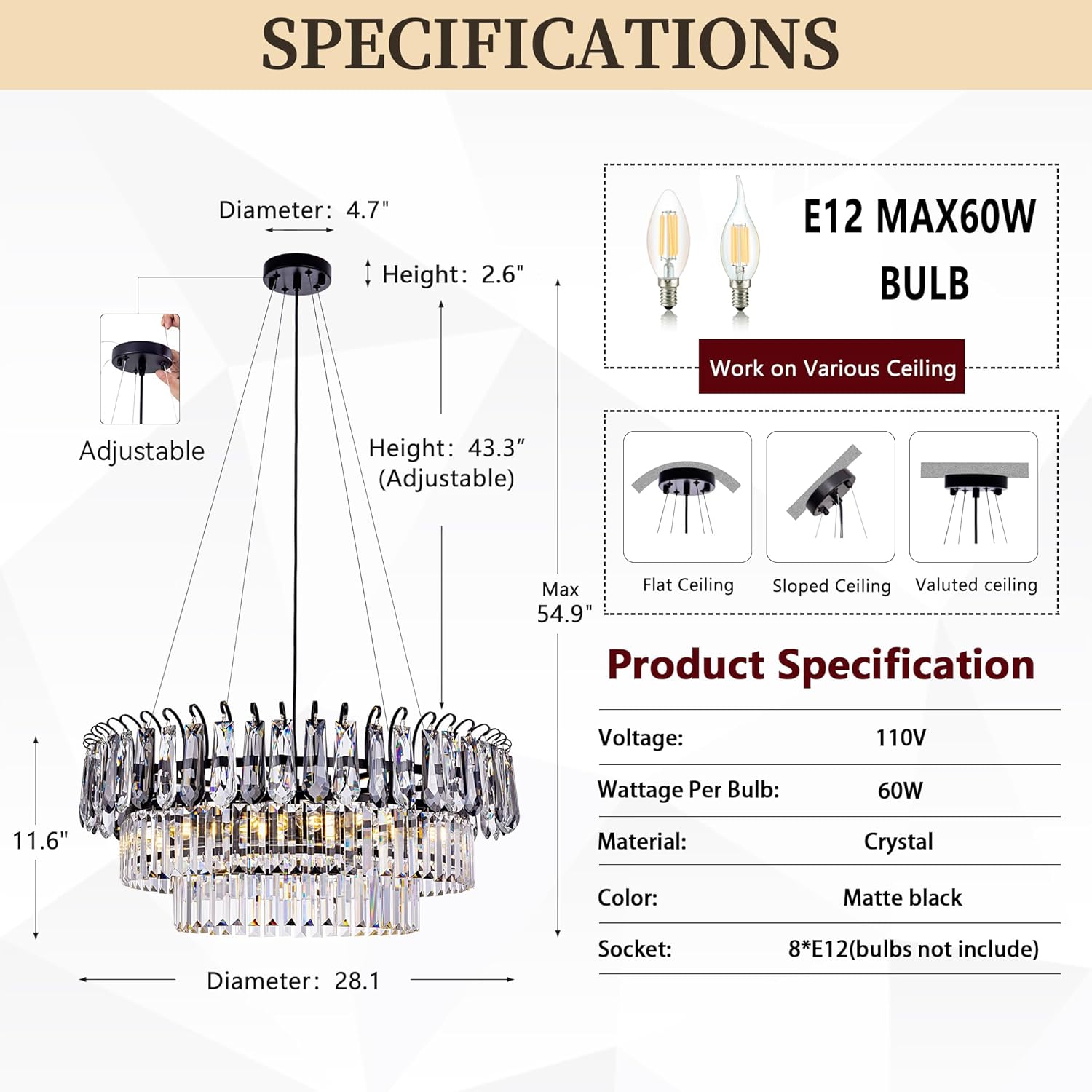 Modern Black Round Crystal Chandelier – 2-Tier Adjustable LED Pendant Light for Living Room, Dining Room, or Foyer