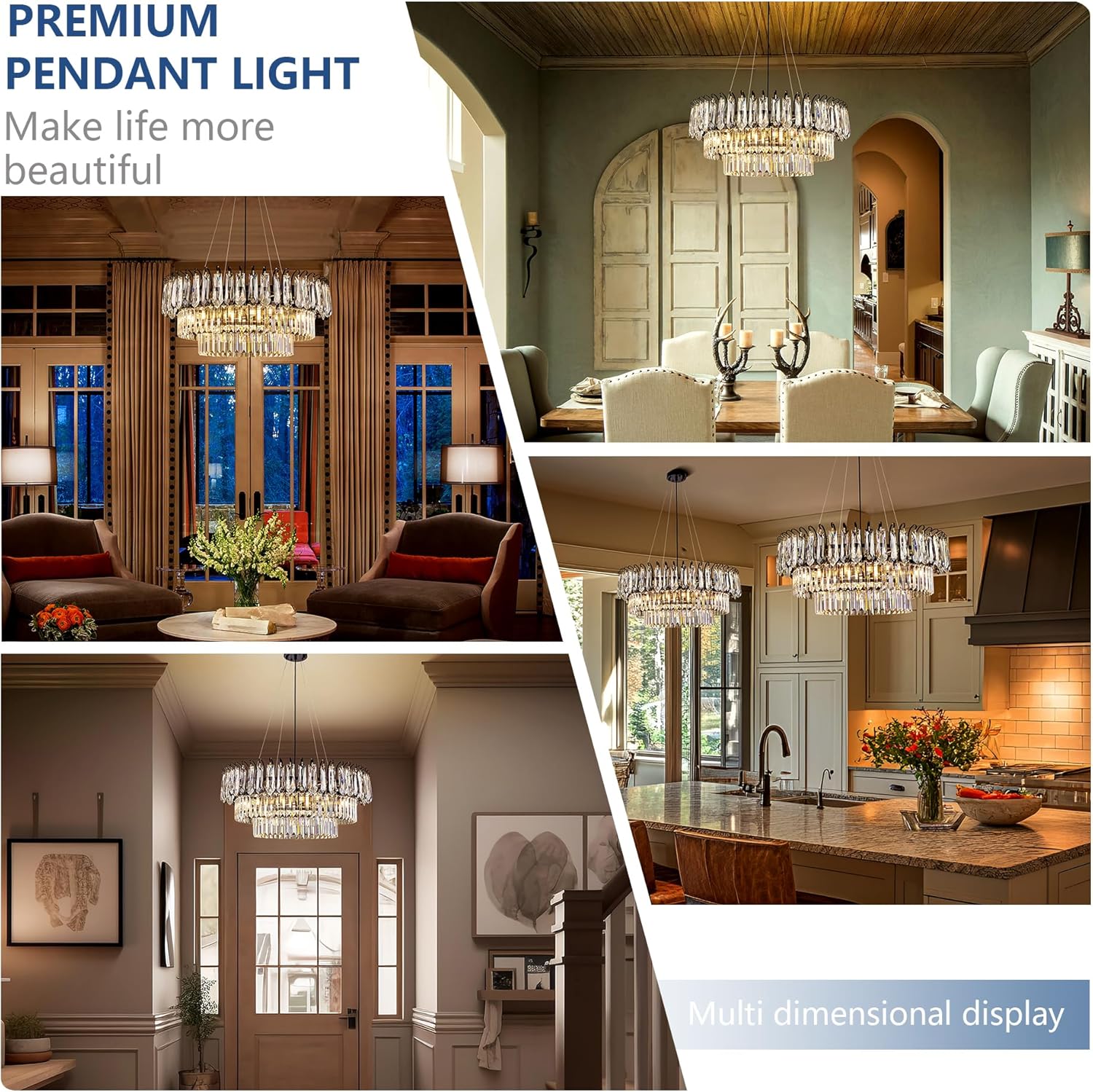 Modern Black Round Crystal Chandelier – 2-Tier Adjustable LED Pendant Light for Living Room, Dining Room, or Foyer