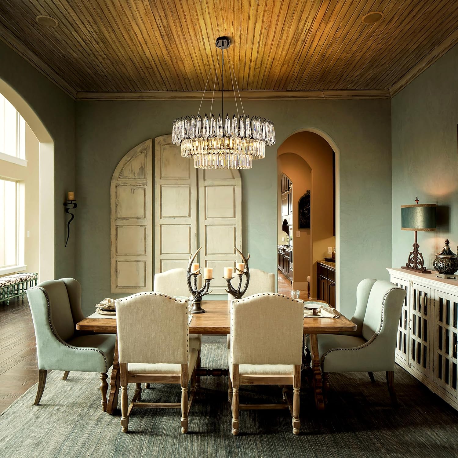 Modern Black Round Crystal Chandelier – 2-Tier Adjustable LED Pendant Light for Living Room, Dining Room, or Foyer