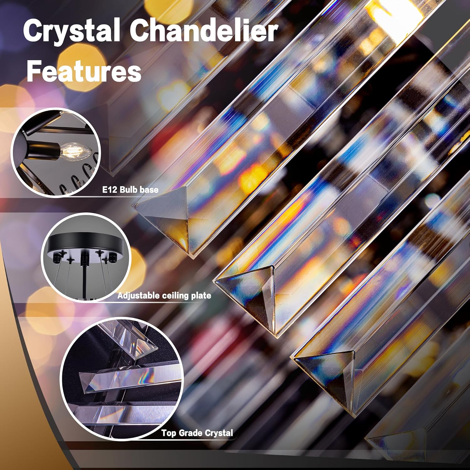 Modern Black Round Crystal Chandelier – 2-Tier Adjustable LED Pendant Light for Living Room, Dining Room, or Foyer