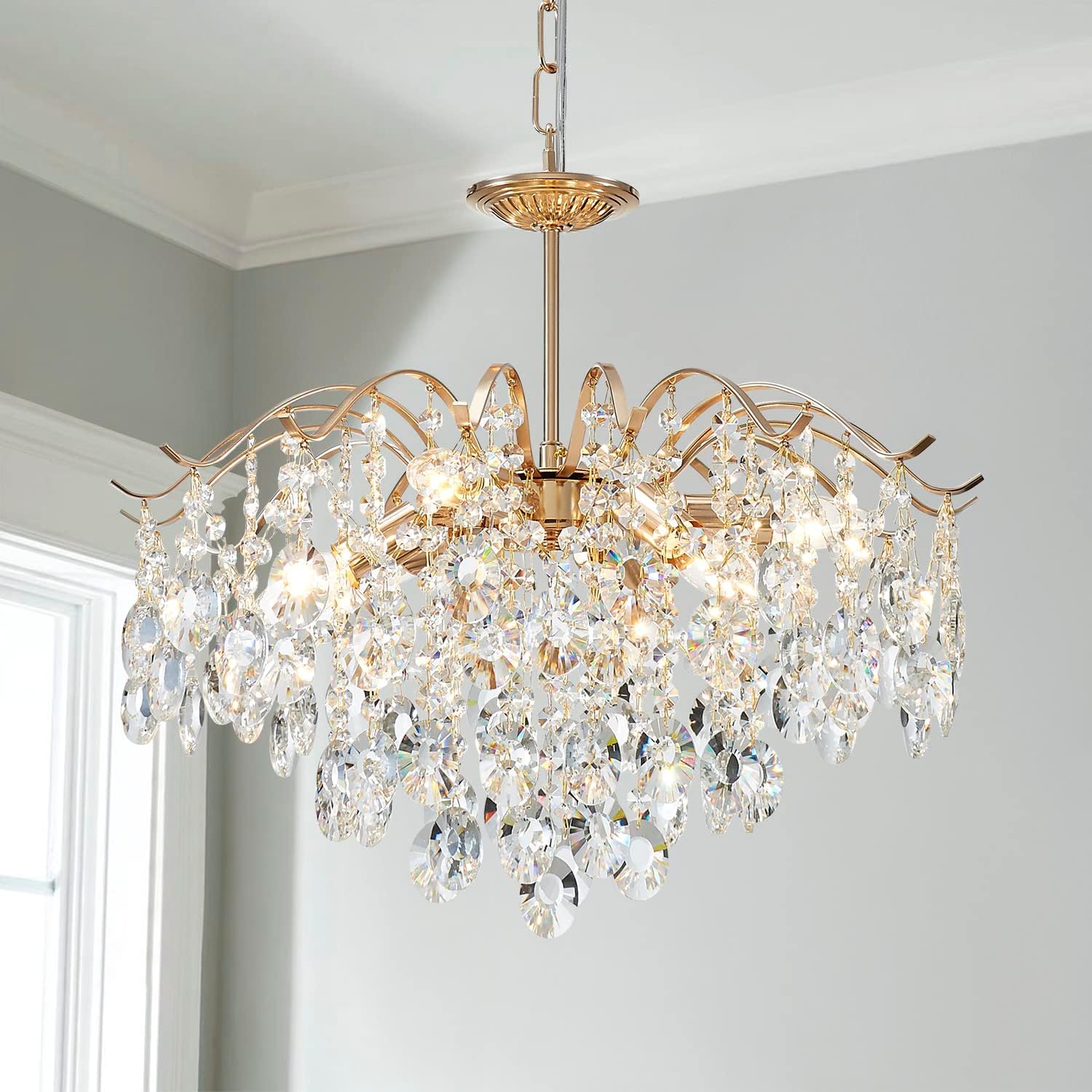 Luxury Gold K9 Crystal Chandelier - Adjustable Modern LED Ceiling Pendant Light