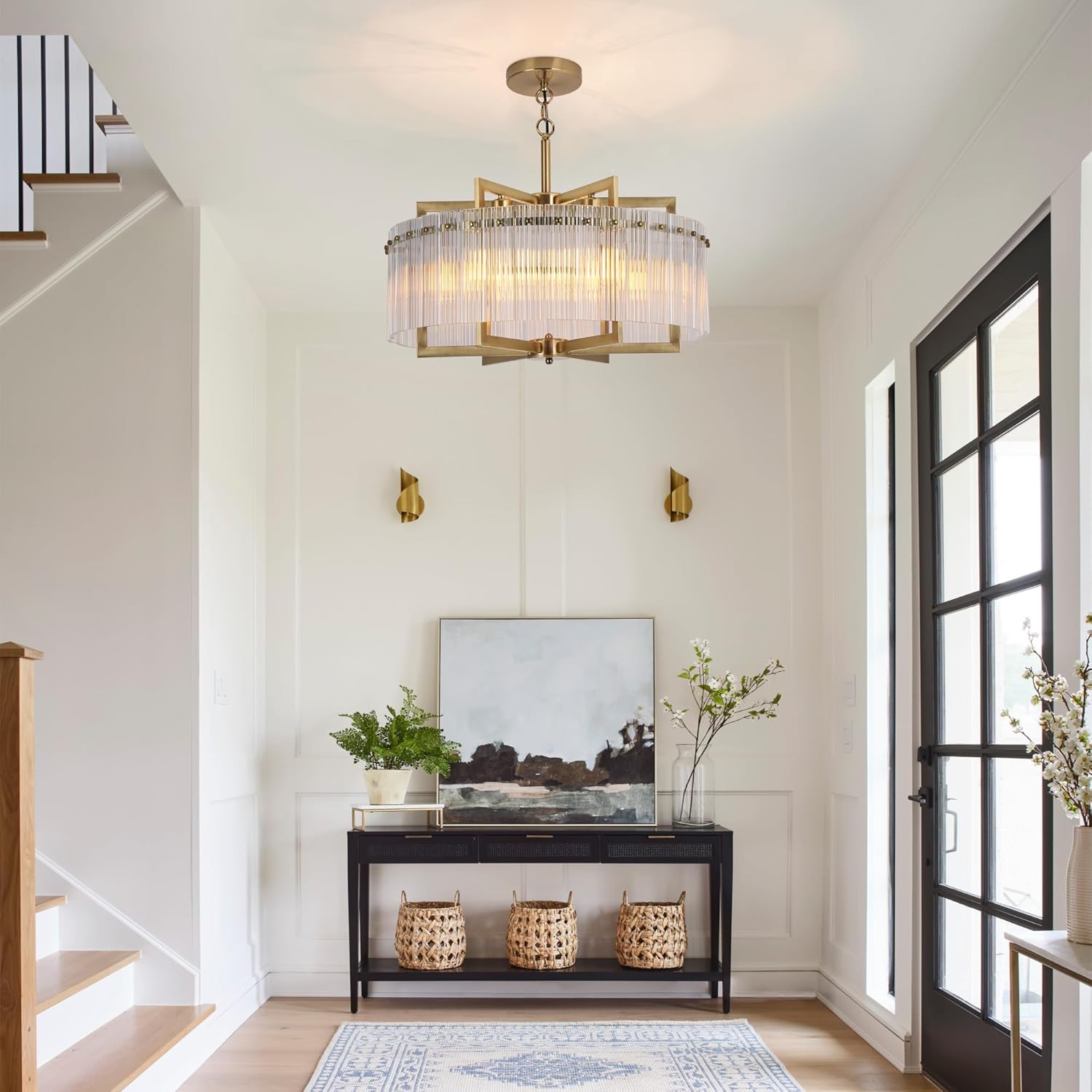 Modern Gold Water Ripple Glass Chandelier, 6-Light Adjustable Height Round Pendant Light Fixture, 24